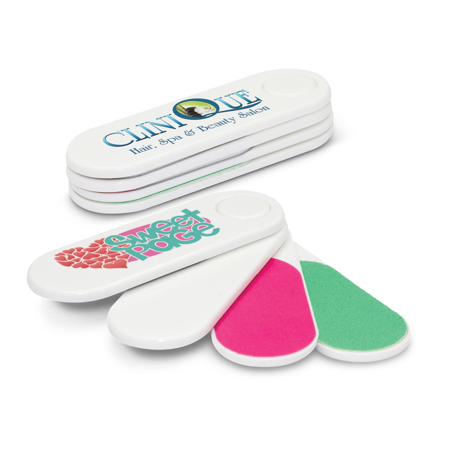 A nail care kit featuring various filing pads in different colors, presented in a compact case with branding. Swivel Nail Care Kit - Image 1