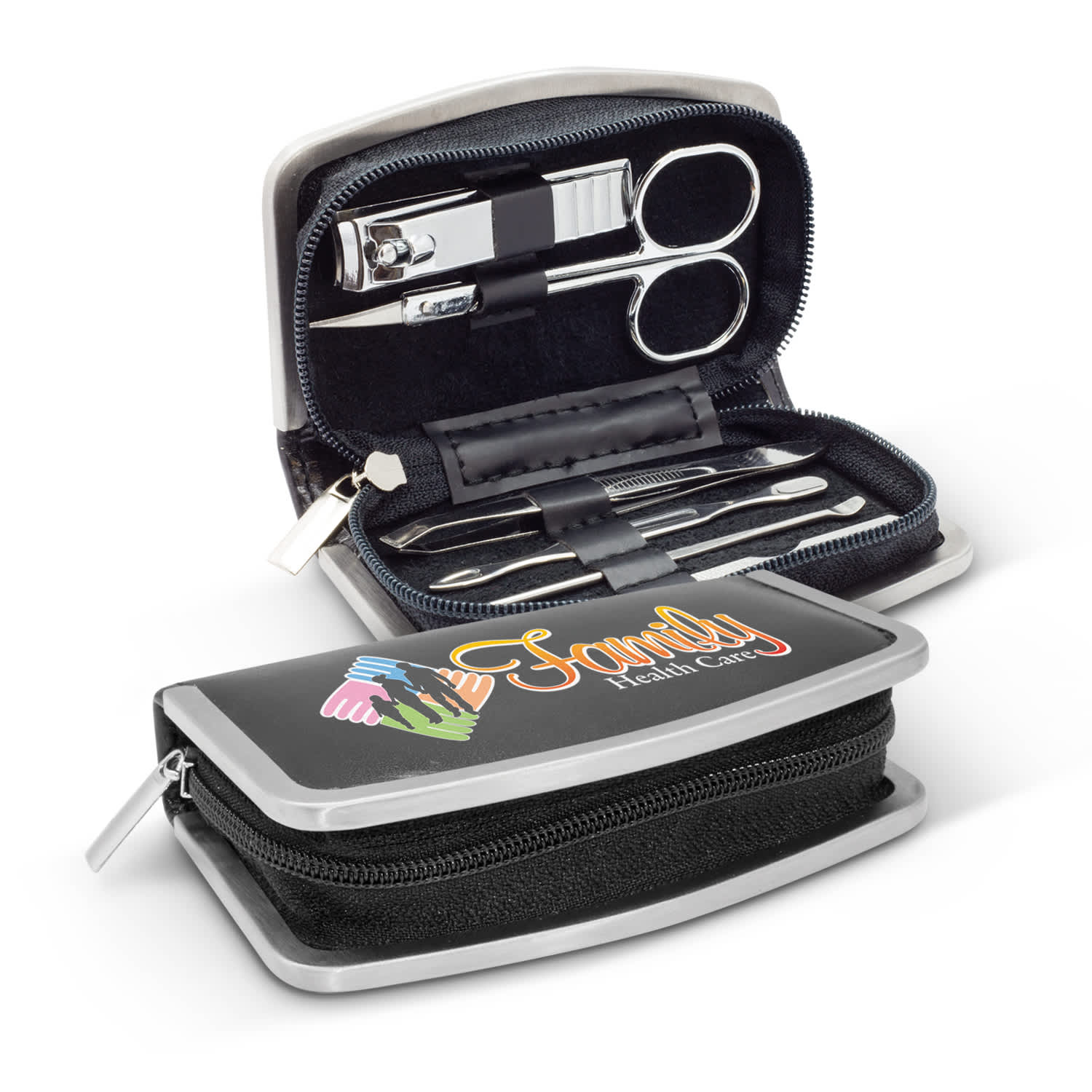 A manicure set in a black and silver case, featuring nail clippers, scissors, and grooming tools, with a logo printed on the front. Manicure Set - Image 1