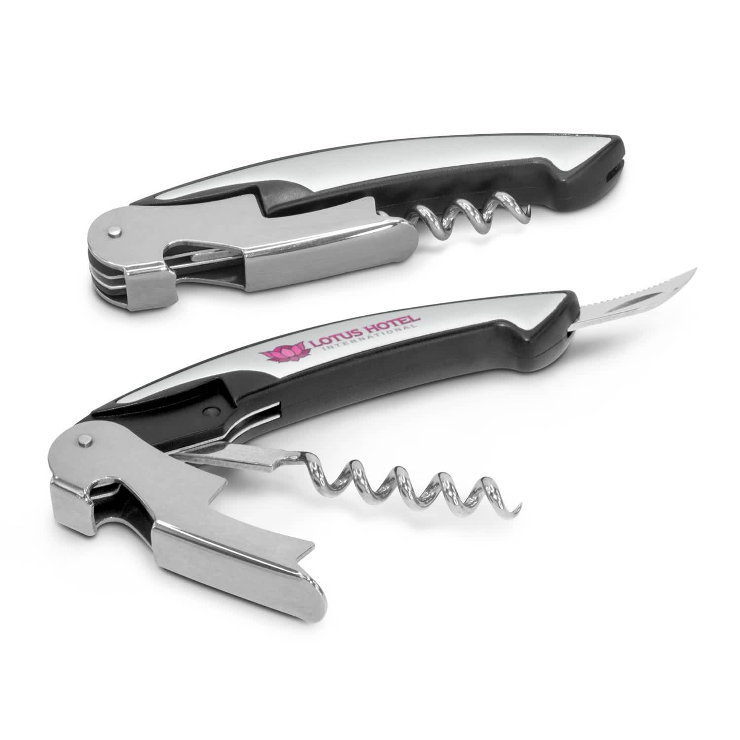 A drink bottle opener featuring a black handle with silver metal components, including a corkscrew and knife. It has branding on the handle. Classic Wine Waiters Knife - Image 1