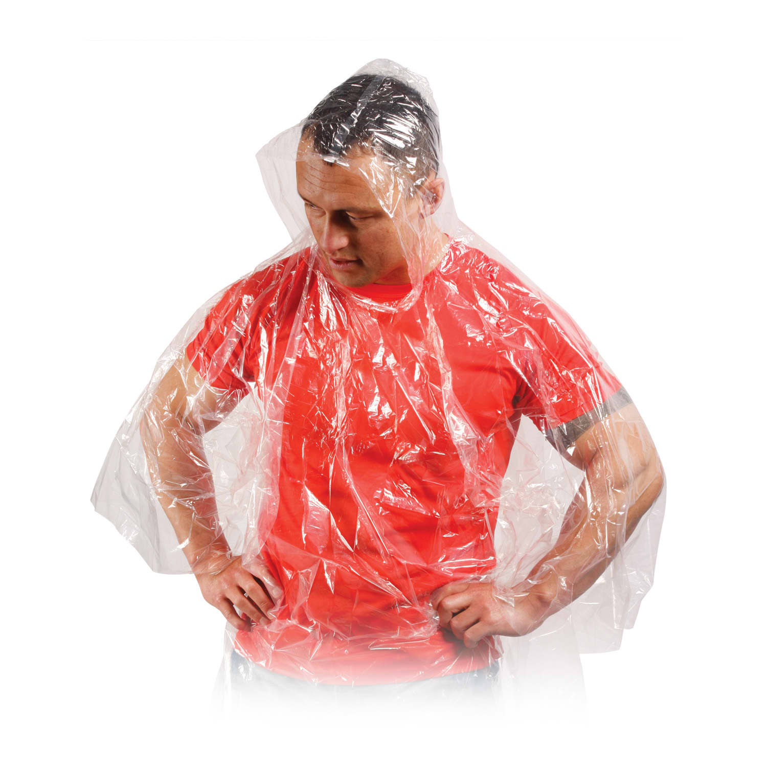 An emergency rain coat made of clear plastic, worn by a person in a red shirt. Emergency Rain Coat - Image 1