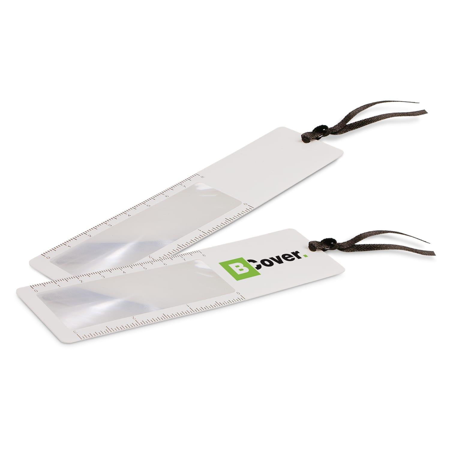 A Bookmark Magnifier in white with a transparent magnifying section and a brown tassel. It features a logo. Bookmark Magnifier - Image 1