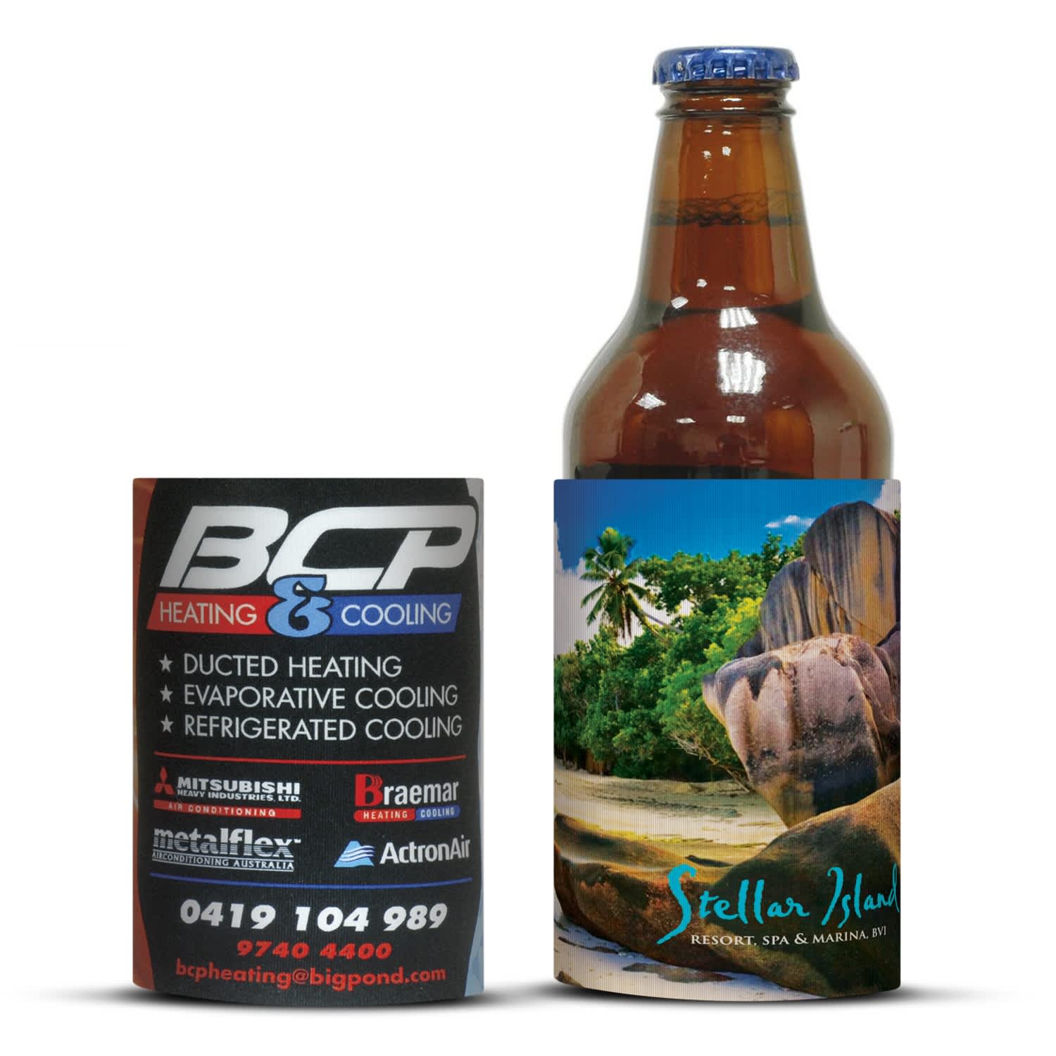 A drink bottle in a neoprene stubby holder featuring a scenic beach image and vibrant colours. The holder has a logo. Neoprene Stubby Holder - Image 1