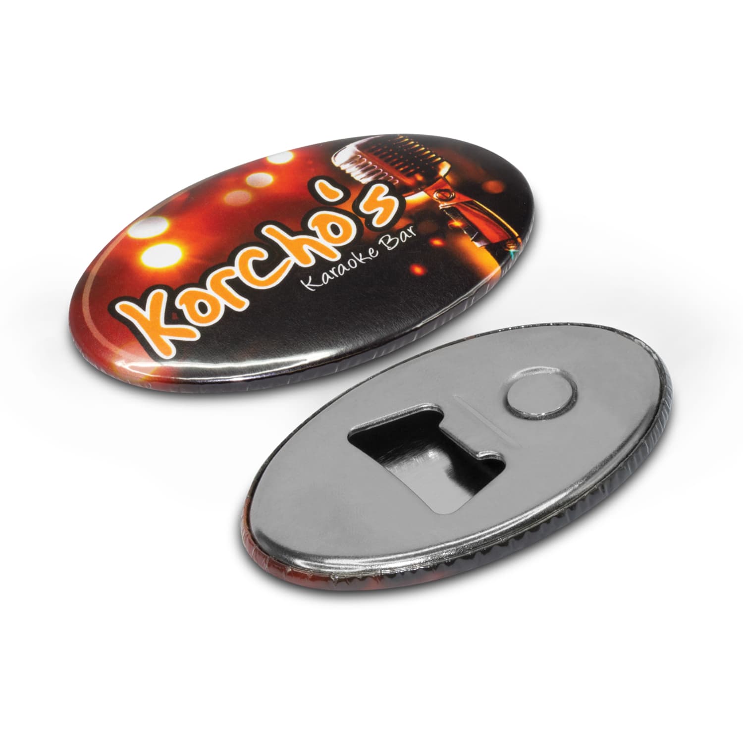 A drink bottle opener in an oval shape featuring a black background with orange and yellow bokeh lights and a logo. Fridge Magnet Bottle Opener - Image 1