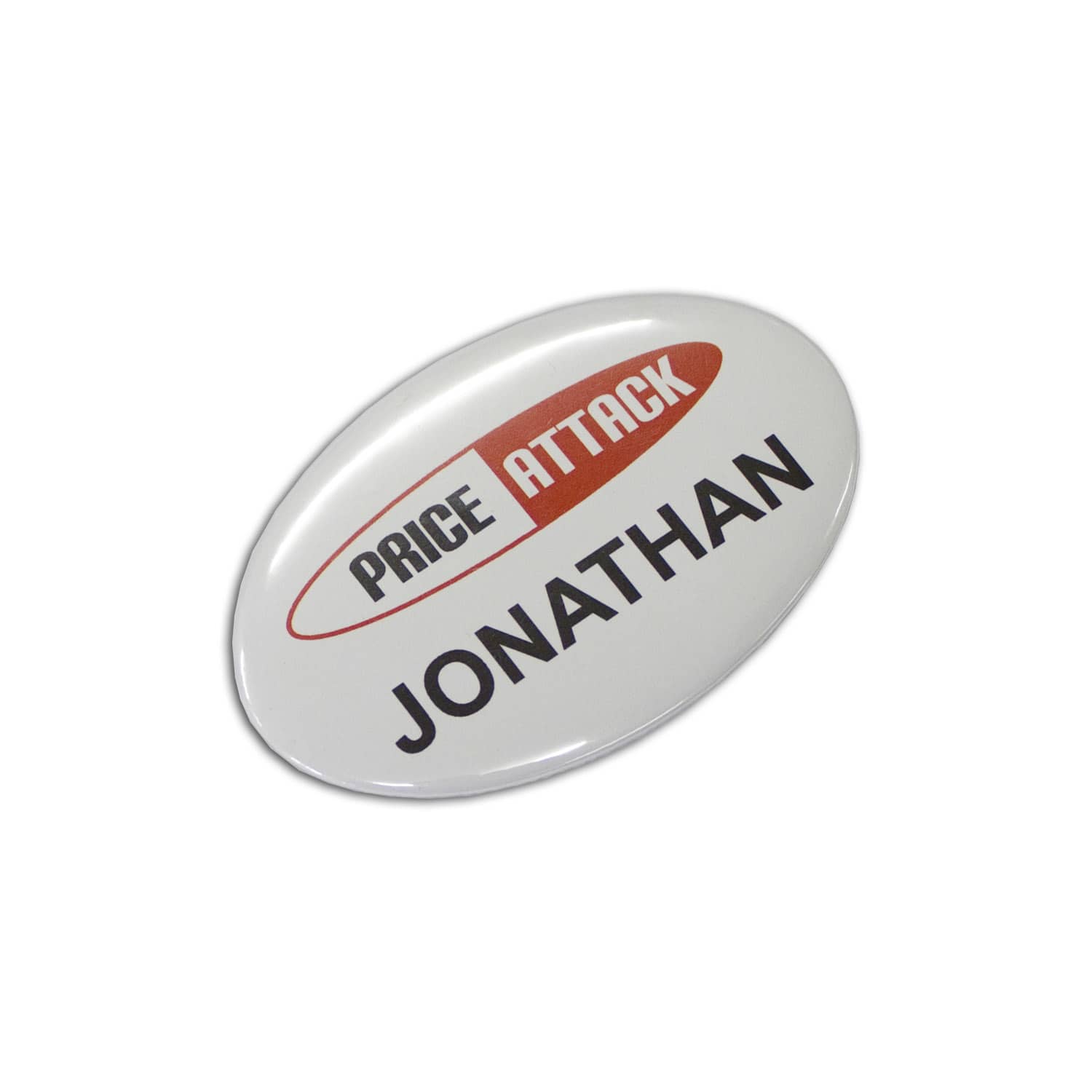 An oval button badge in white, featuring a logo and the name "Jonathan" in bold black text. Button Badge Oval - 65 x 45mm - Image 1