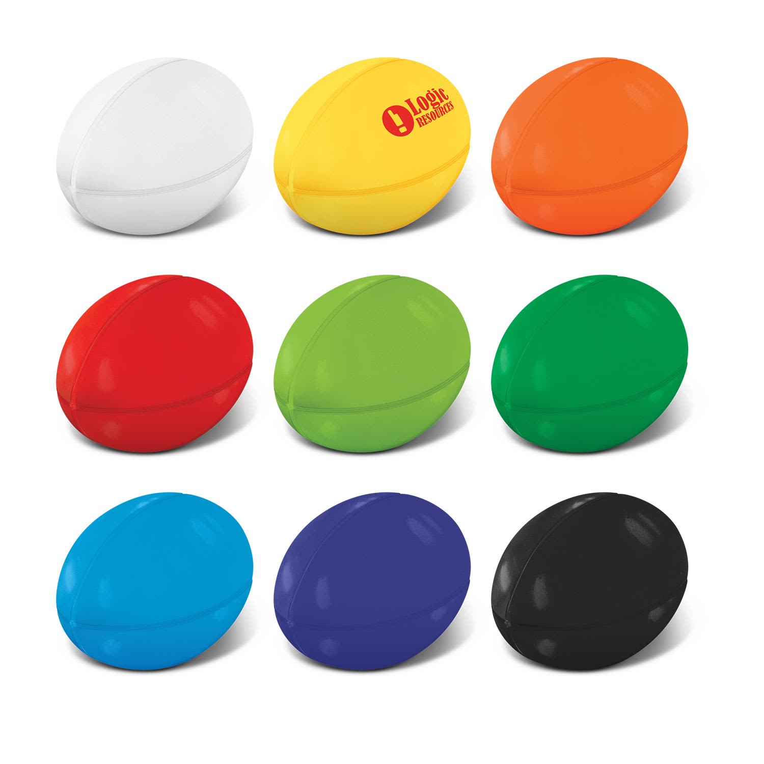 A selection of stress rugby balls in white, yellow, orange, red, green, blue, black, and purple with a logo. Stress Rugby Ball - Image 1