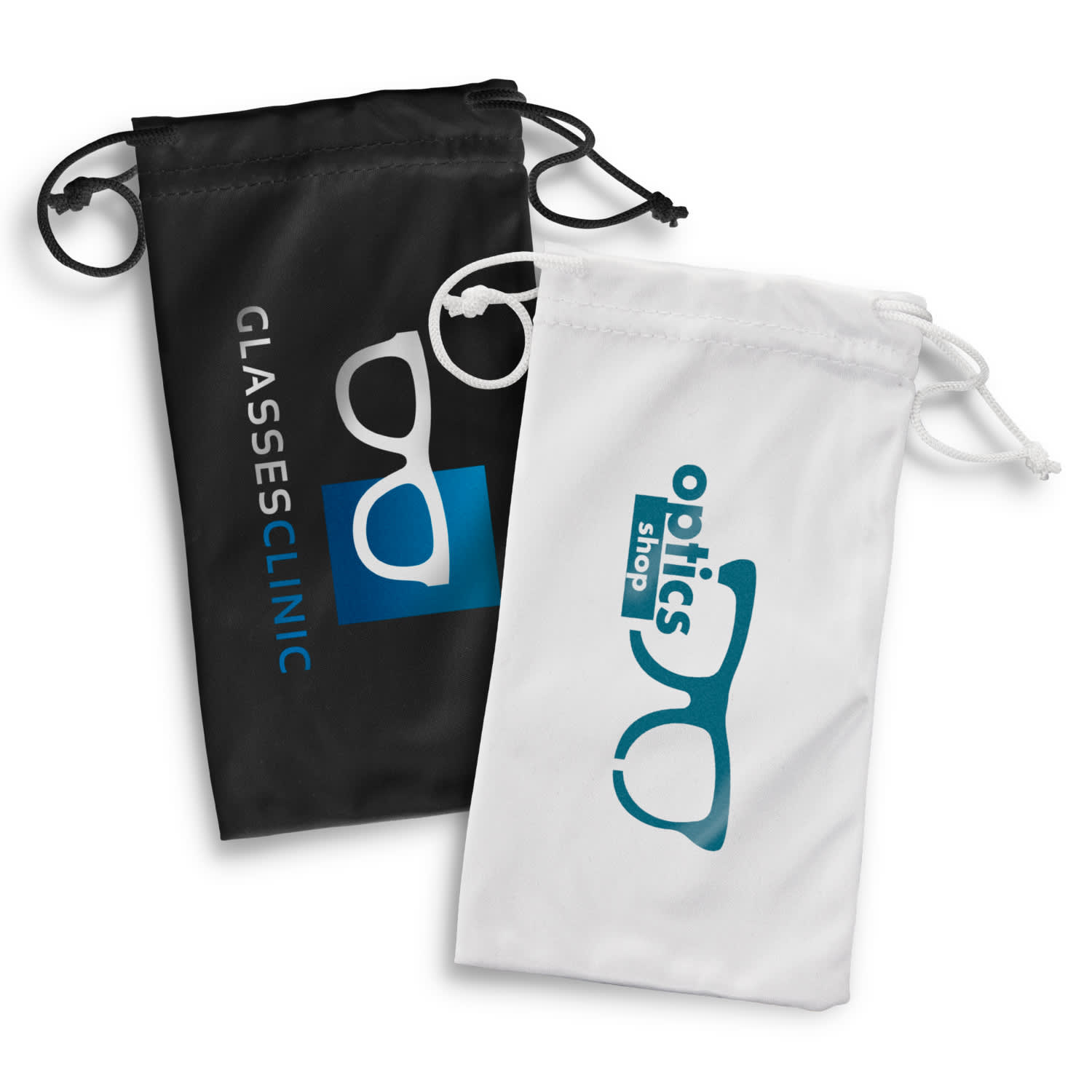 Two drawstring pouches in black and white, featuring logos related to eyewear. Microfibre Pouch - Image 1