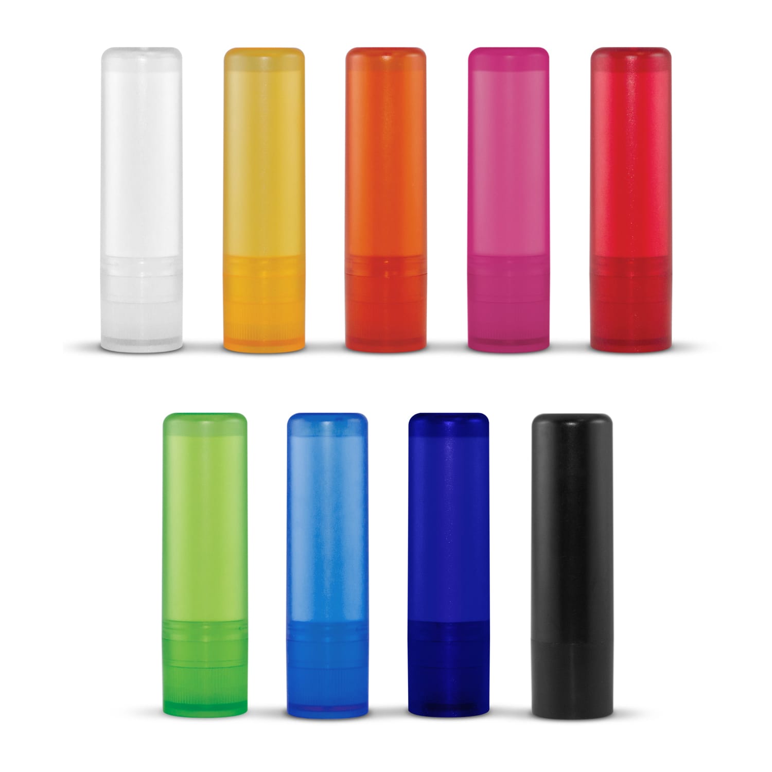 A collection of lip balm tubes in various colours, including clear, yellow, orange, pink, red, green, blue, and black. Lip Balm - Image 1