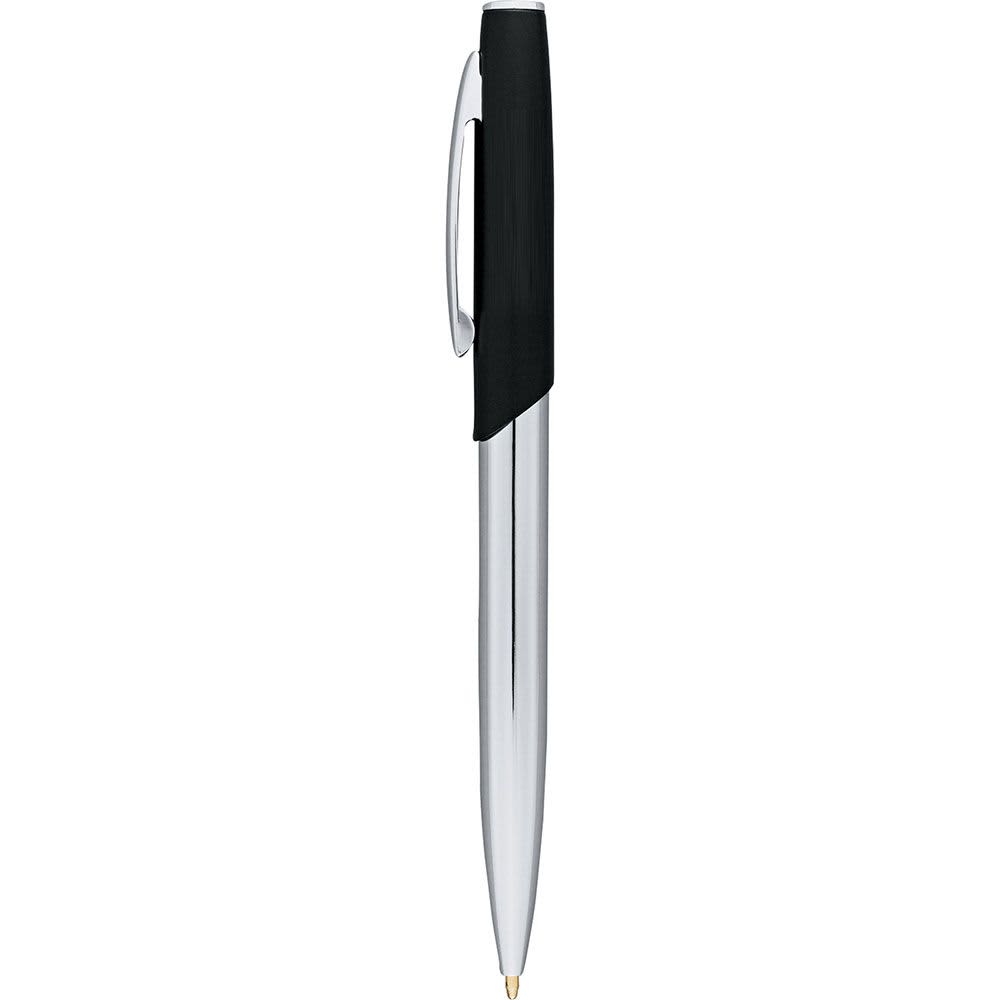 A sleek metal ballpoint pen with a chrome finish and a black grip. The pen features a clip and branding. Geneva Ballpoint - Image 1