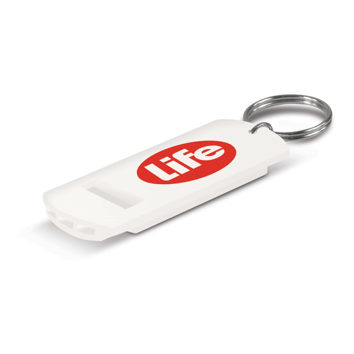 A safety whistle with a keyring attachment, featuring a prominent red logo that reads "Life." Safety Whistle - Image 1