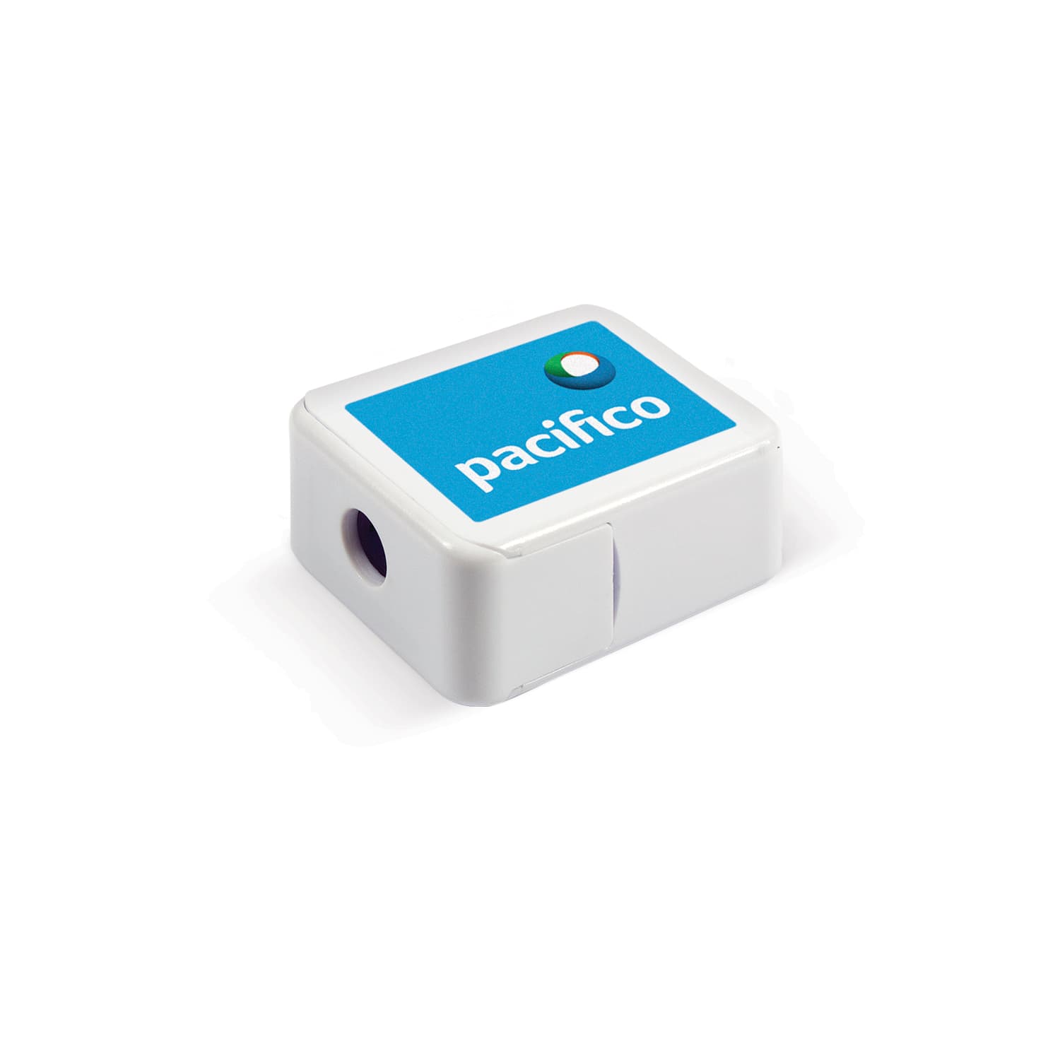 A white pencil sharpener with a blue top and a logo. It features a single sharpening hole. Pencil Sharpener - Image 1