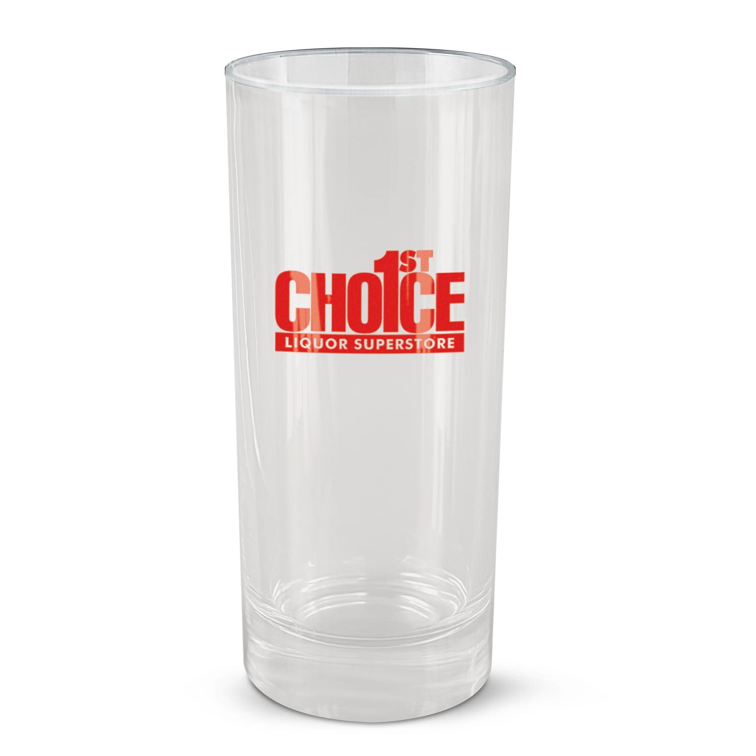 A Winston HiBall Glass featuring a clear design with the red logo of "1st Choice Liquor Superstore." Winston HiBall Glass - Image 1