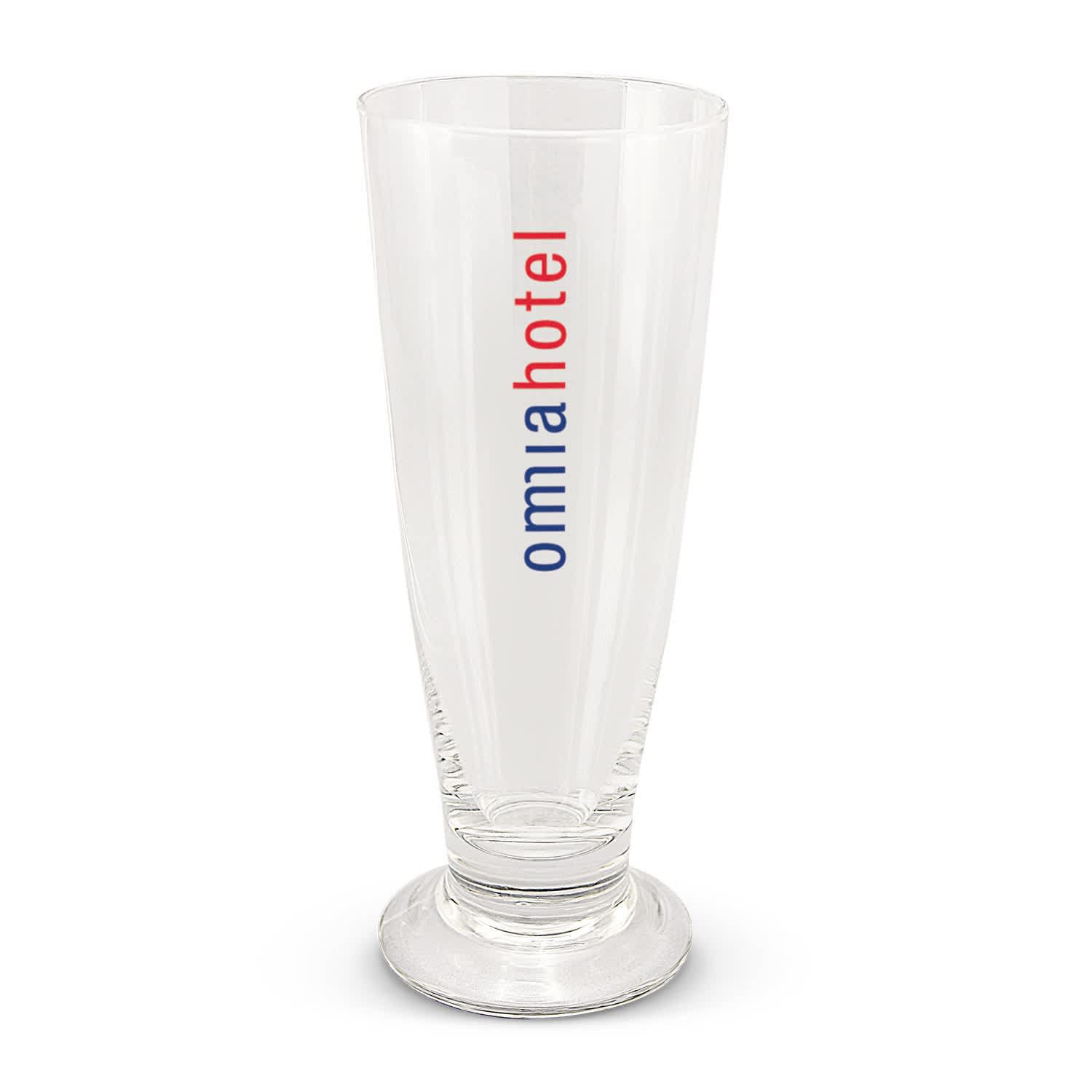 A clear beer glass with a tall, slender design and a base, featuring a logo in red and blue. Luna Beer Glass - Image 1
