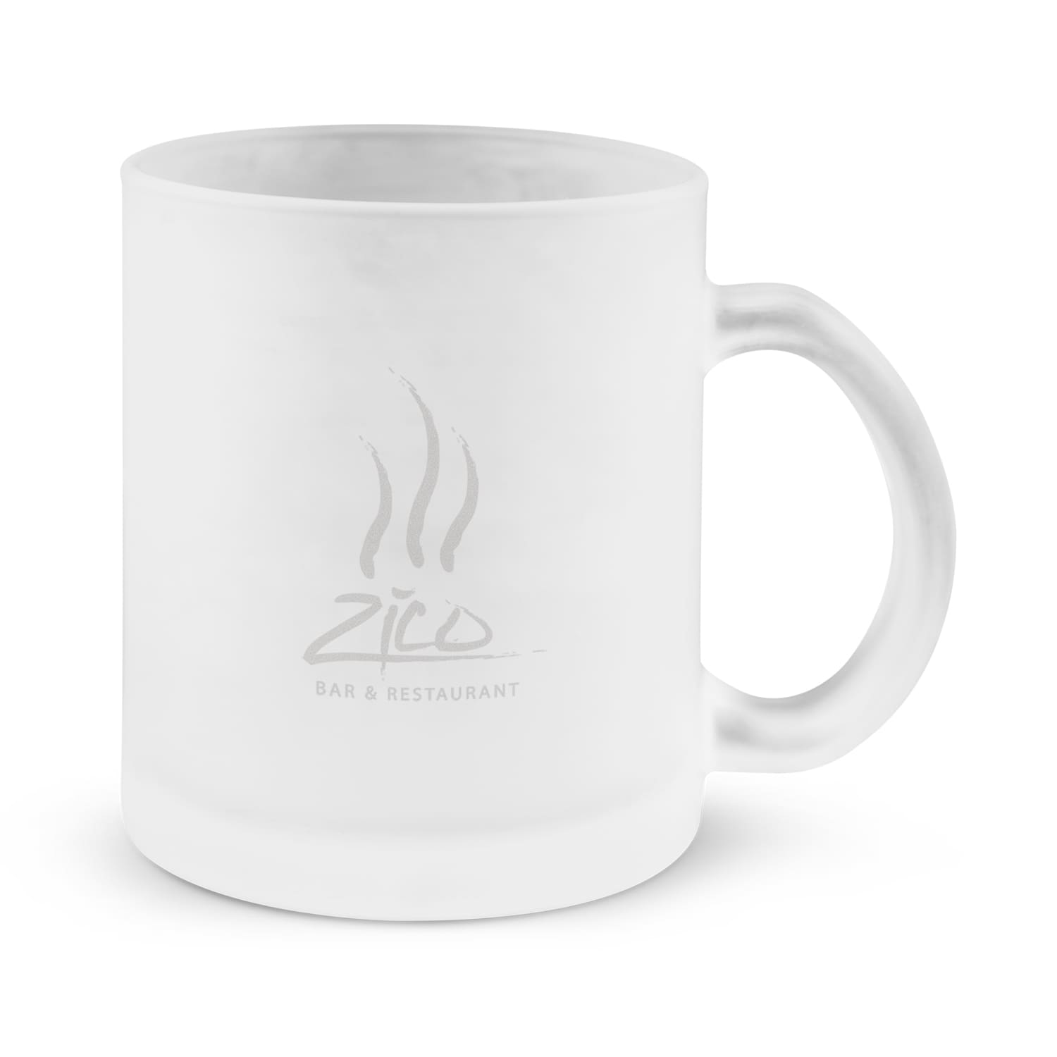A Venetian glass coffee mug with a frosted finish and a logo printed on the front. Venetian Glass Coffee Mug - Image 1