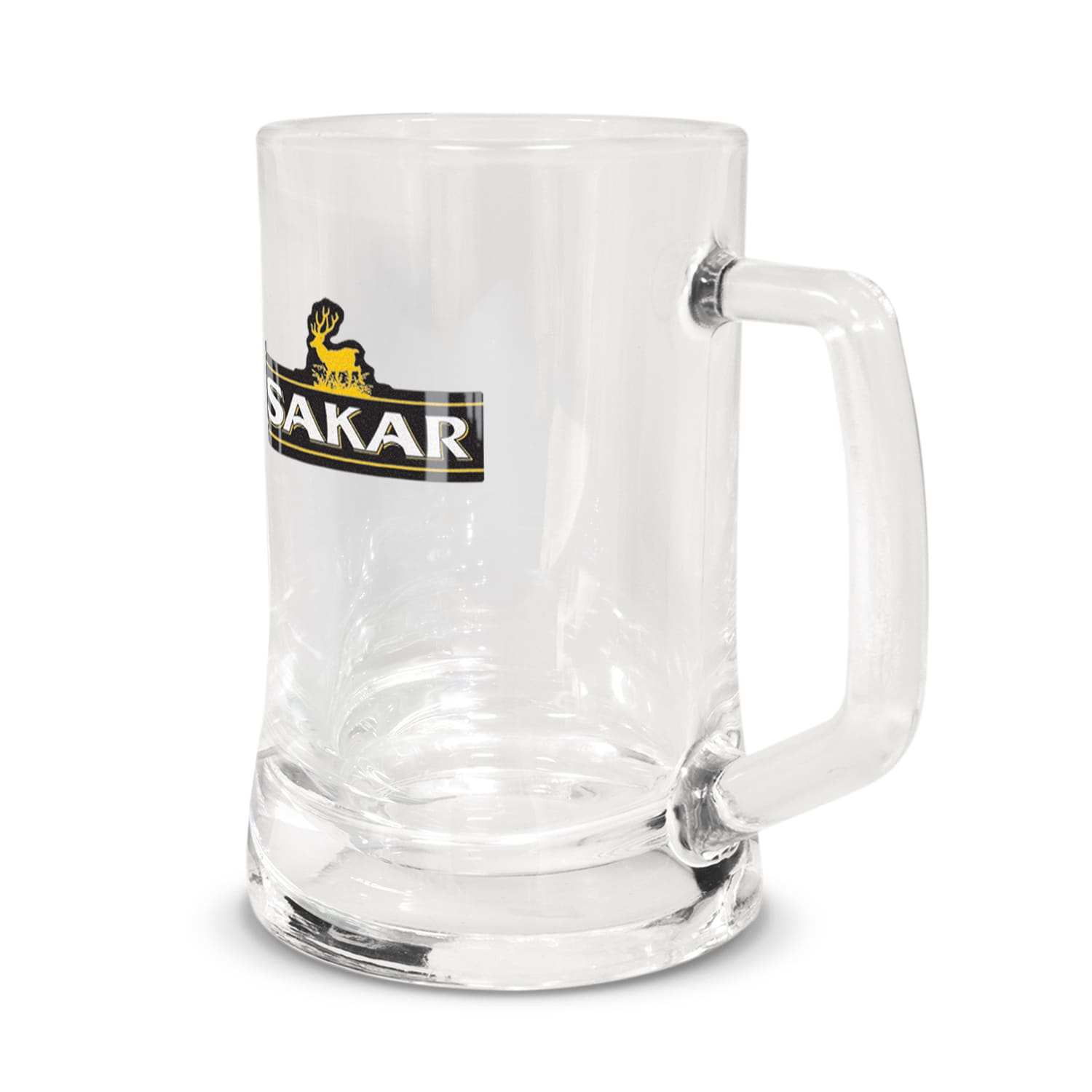 A Munich Beer Mug made of clear glass, featuring a sturdy handle and a logo branded on the front. Munich Beer Mug - Image 1