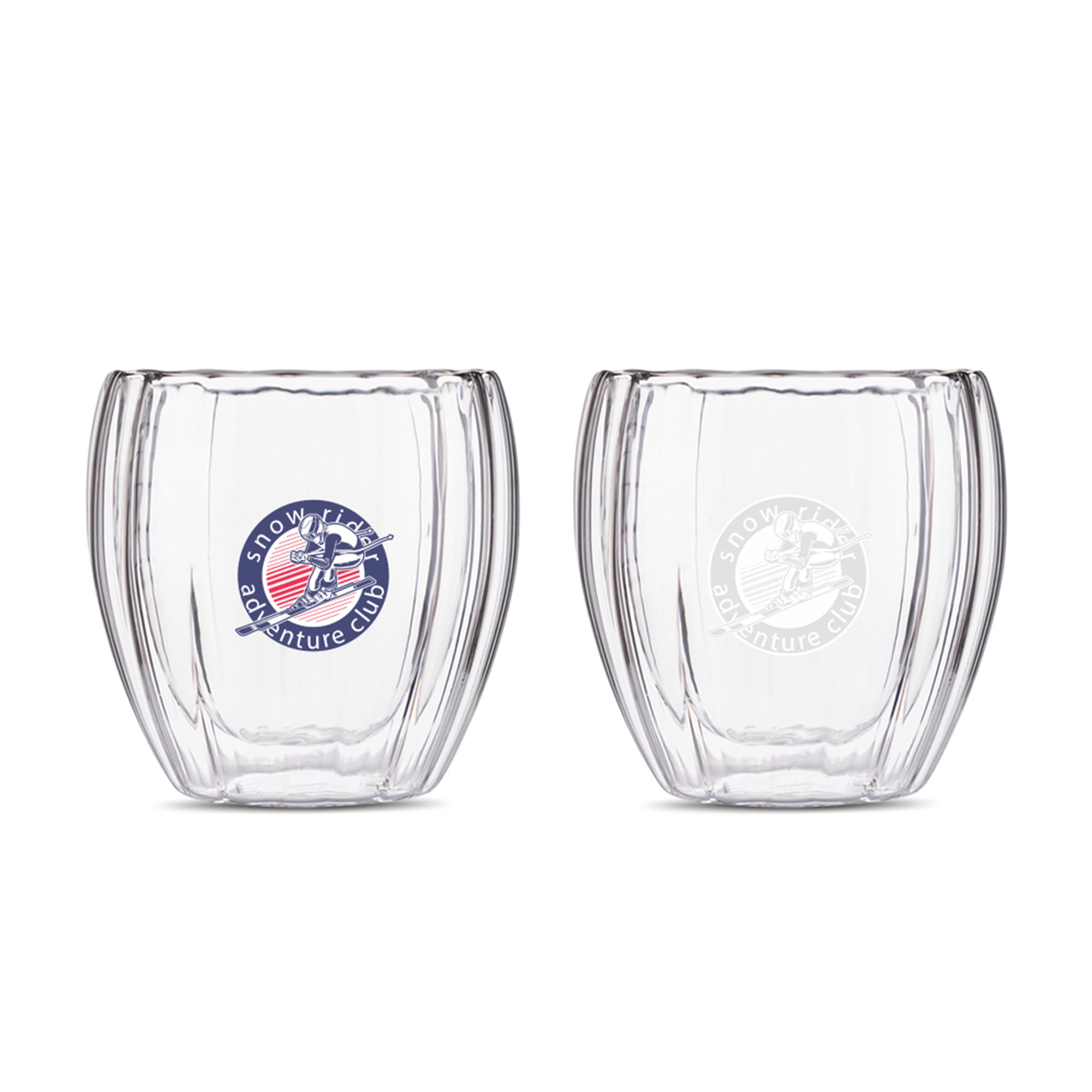 A spiral double wall glass with a clear finish and curved design, featuring a logo on one side. Spiral Double Wall Glass - Image 1