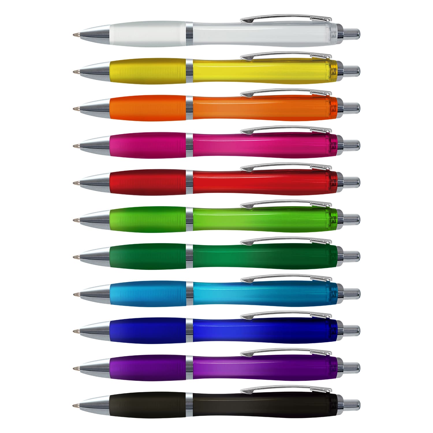 A collection of translucent plastic pens in various colours, including white, yellow, orange, pink, red, green, blue, and black, with silver accents. Vistro Pen - Translucent - Image 1