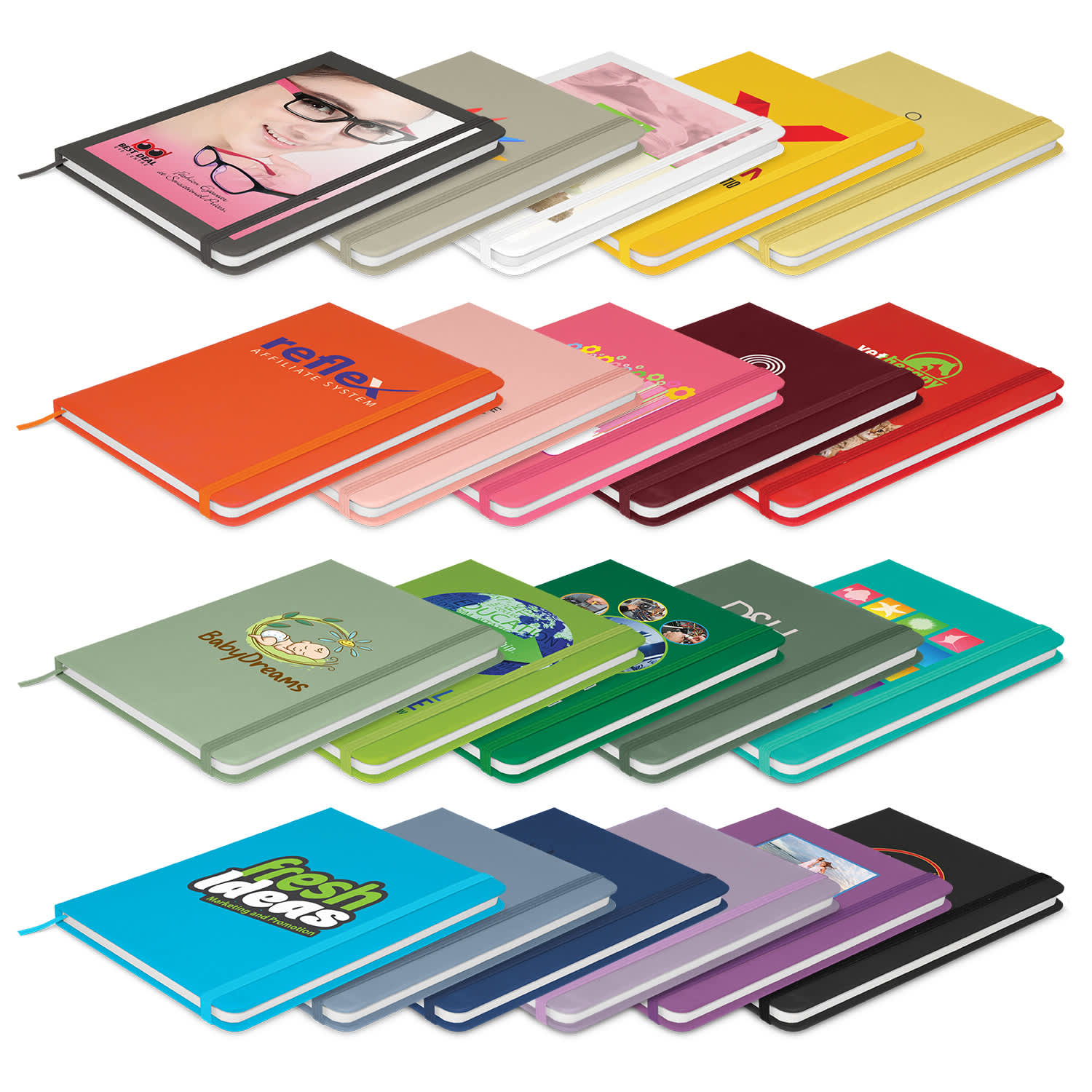 A variety of notebooks in different colours and designs, featuring logos and branding. Omega Notebook - Image 1