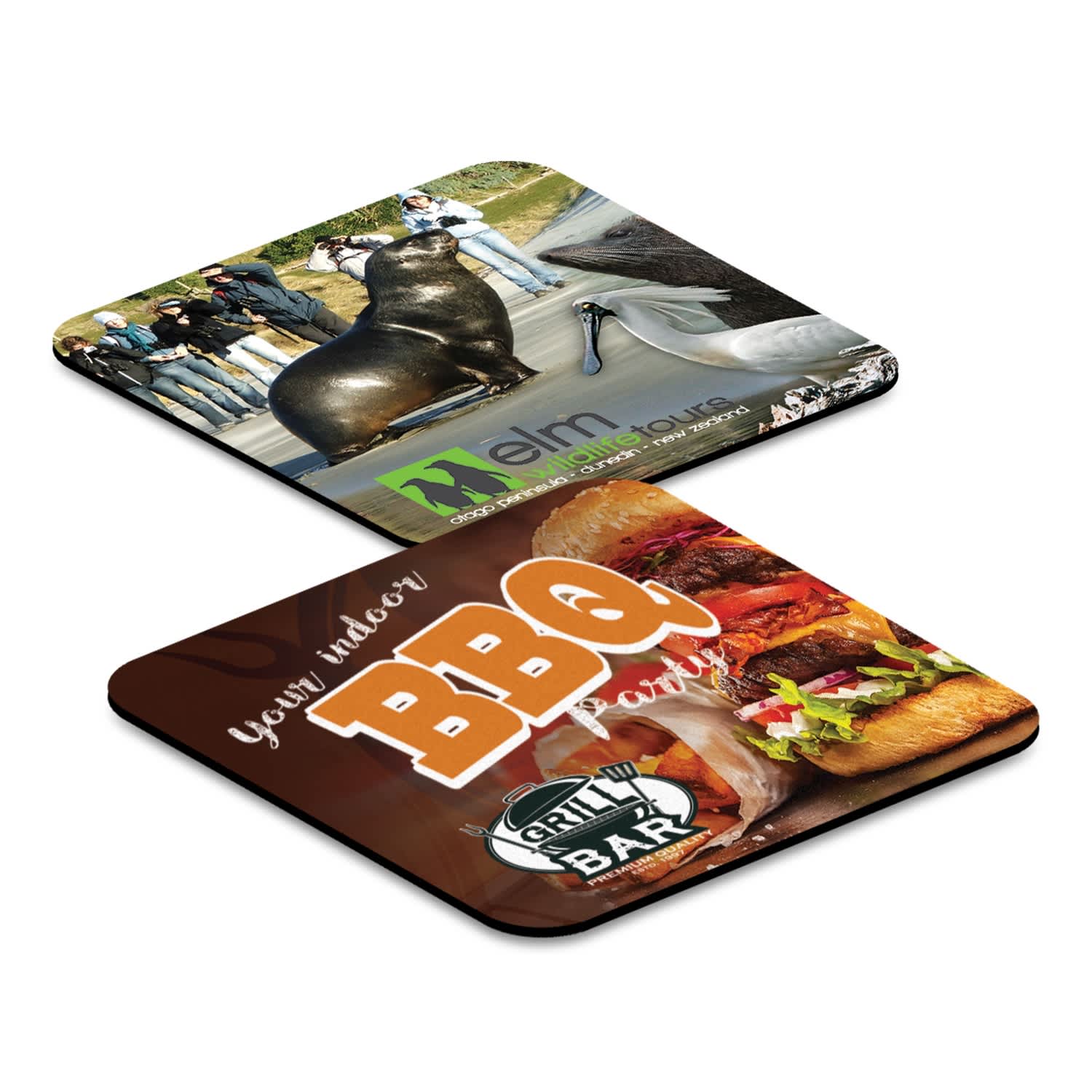 A pair of Flexi Coasters featuring two different designs: one with a sculpture and another with BBQ imagery. Flexi Coaster - Image 1