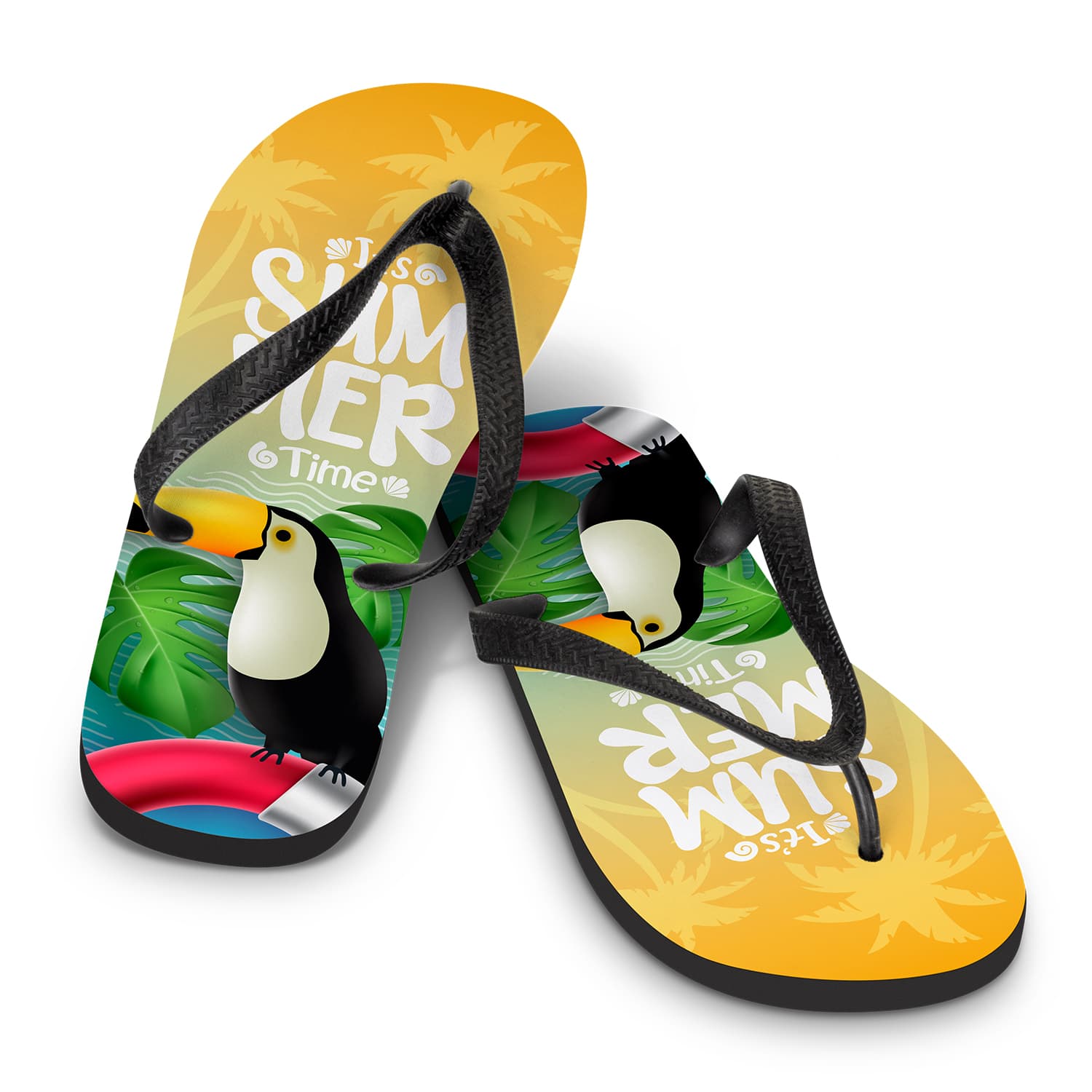 Flip flops featuring a vibrant tropical design with a toucan, predominantly in yellow and black. Flip Flops - Image 1