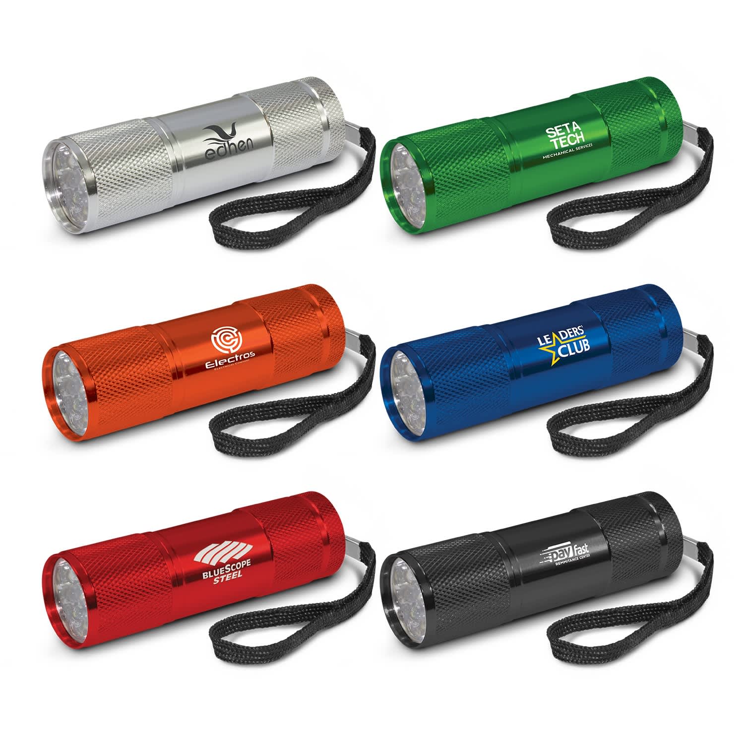 A collection of six compact torches in silver, green, orange, blue, red, and black, featuring lanyards and logos. Nebula Torch - Image 1