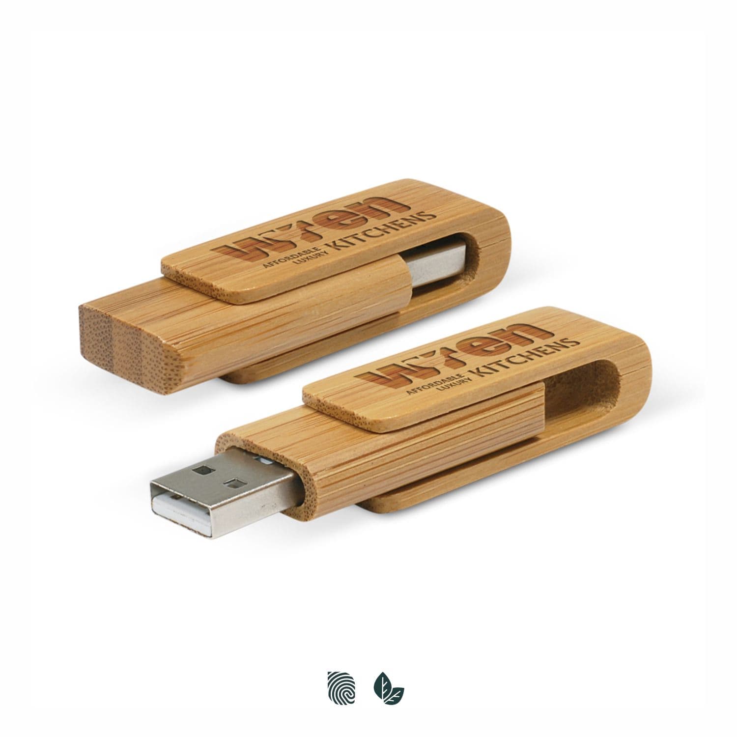 A bamboo 4GB flash drive with a wooden casing and a metal connector, featuring a logo on one side. Bamboo 4GB Flash Drive - Image 1