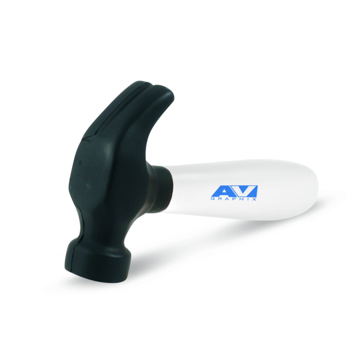 A Stress Hammer featuring a black rubber head and a white body with a blue logo. Stress Hammer - Image 1
