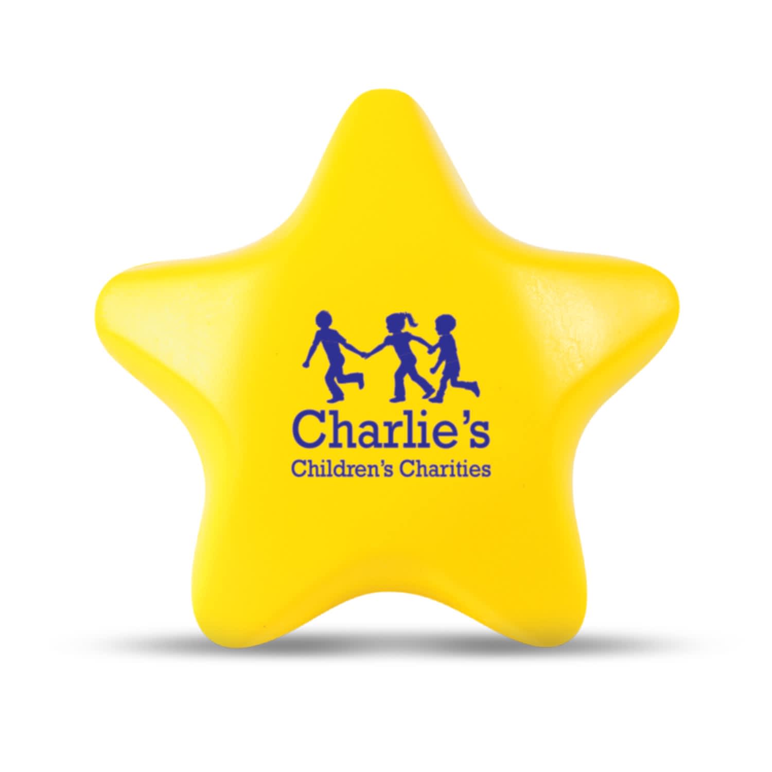 A yellow star-shaped stress ball with "Charlie's Children's Charities" printed in blue. Stress Star - Image 1