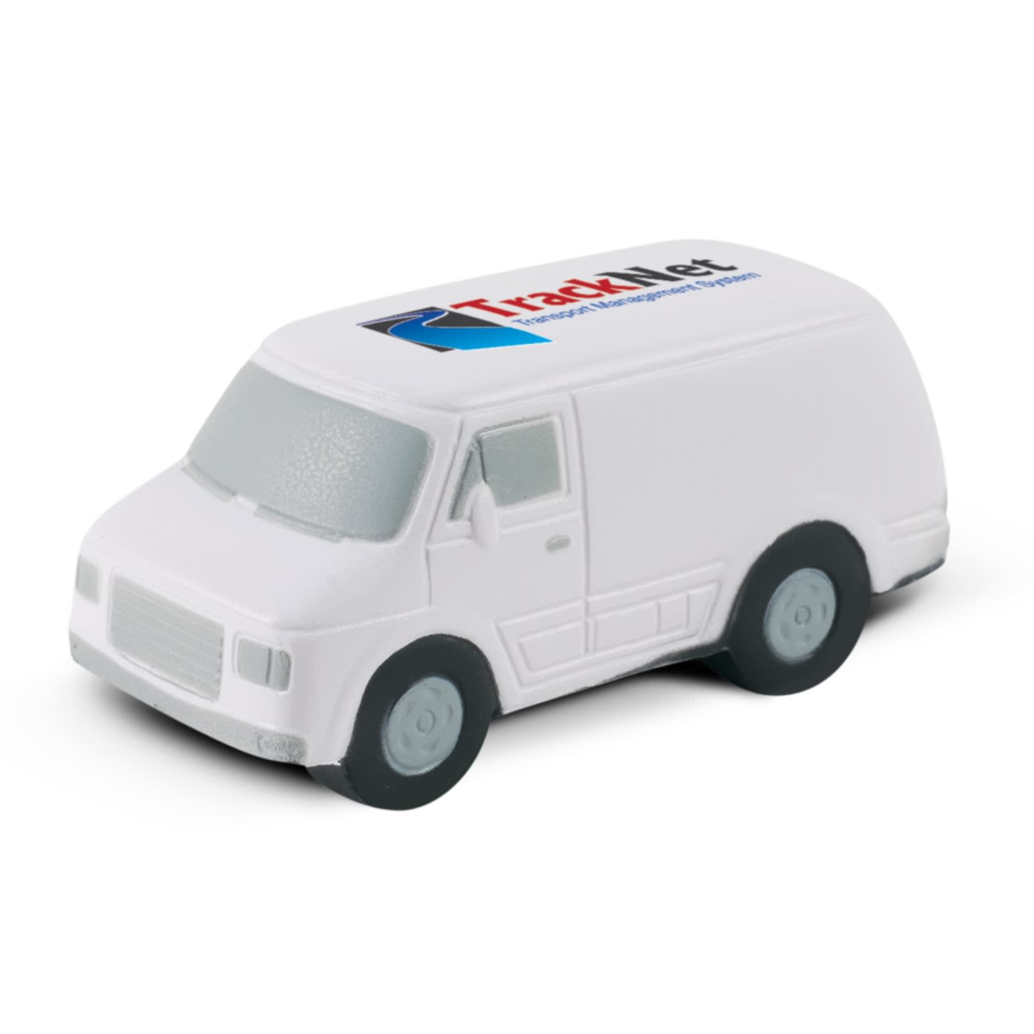 A stress toy in the shape of a van, featuring a logo on the roof. The van is primarily white with black wheels. Stress Van - Image 1