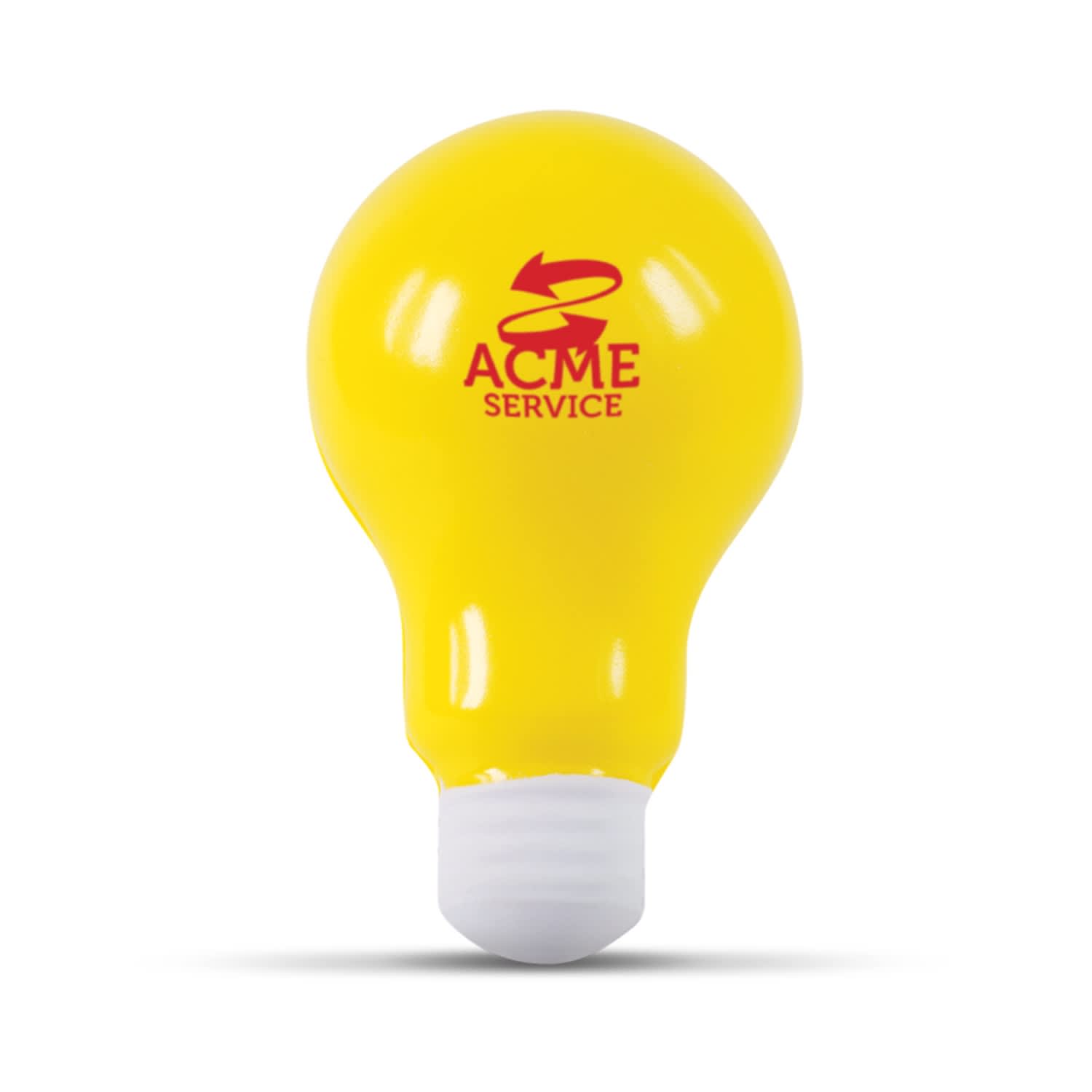 A stress-relief toy shaped like a yellow light bulb, featuring the logo "ACME SERVICE" in red. Stress Light Bulb - Image 1