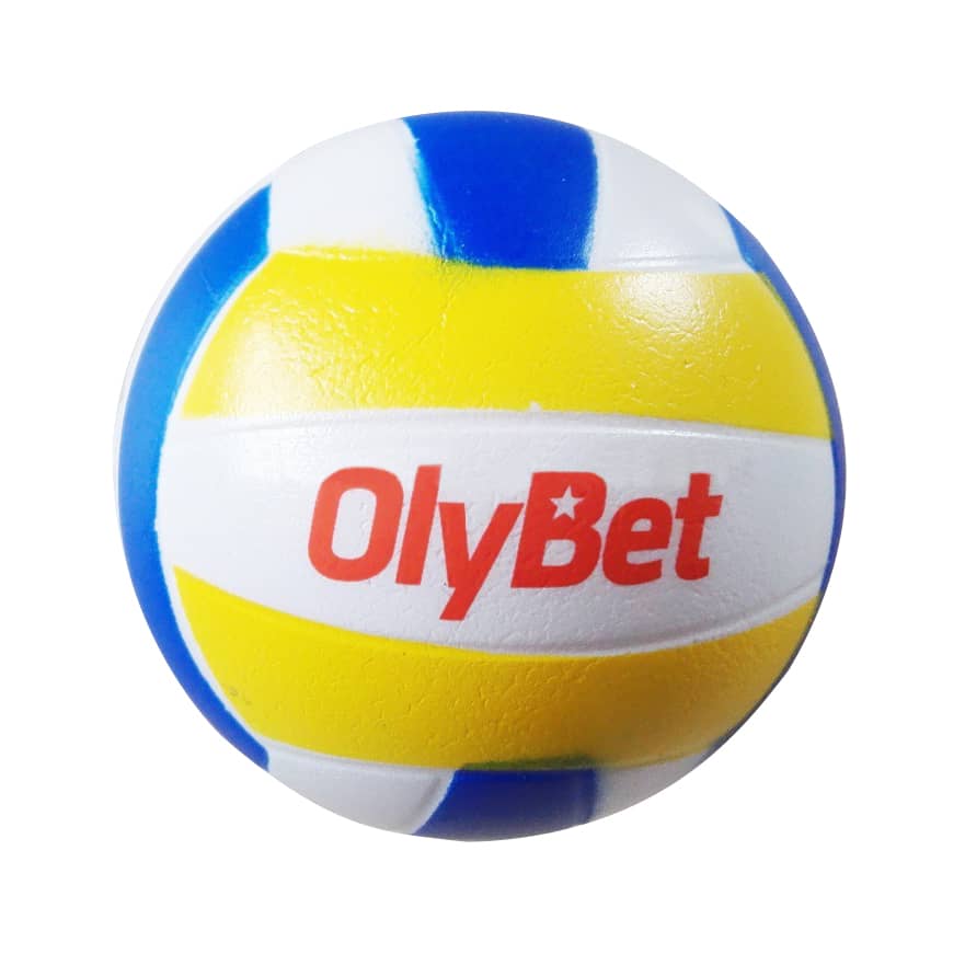 A volleyball-shaped stress reliever in blue, yellow, and white, featuring a logo on its surface. Volleyball Shape Stress Reliever - Image 1