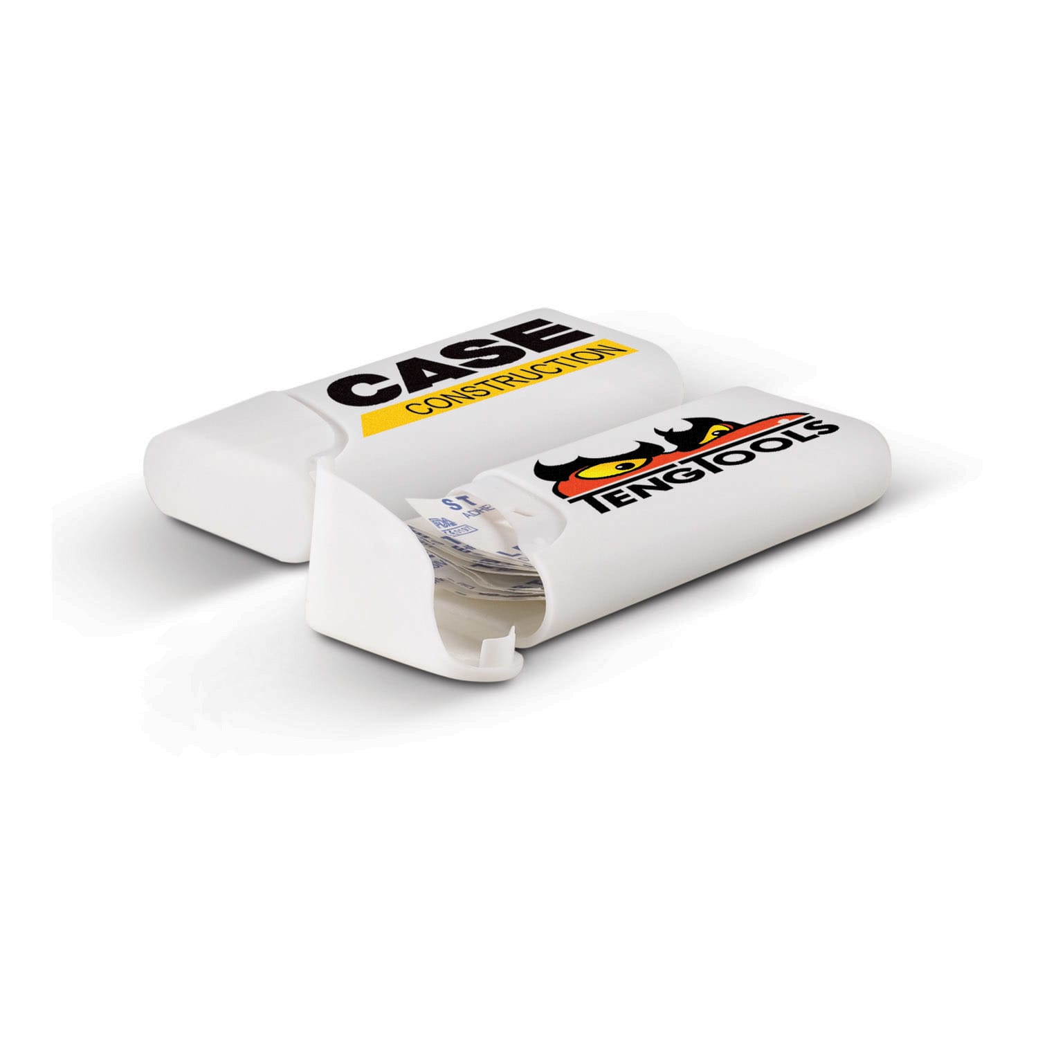 A white bandage box featuring a logo and an open design for easy access to contents. Bandage Box - Image 1