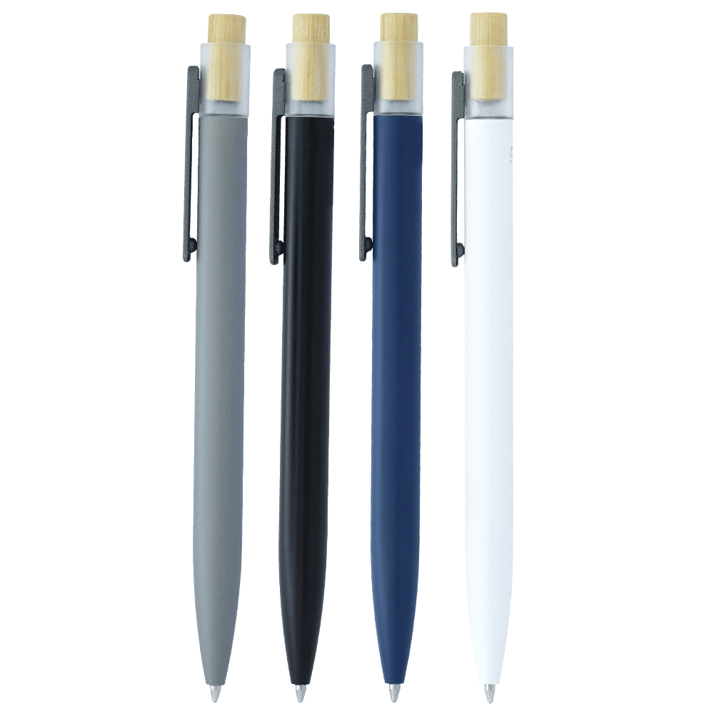 Recycled aluminium pens with bamboo clickers in grey, black, navy, and white, featuring a clip and branding. Recycled Aluminium Pen w/ Bamboo Clicker - Image 1