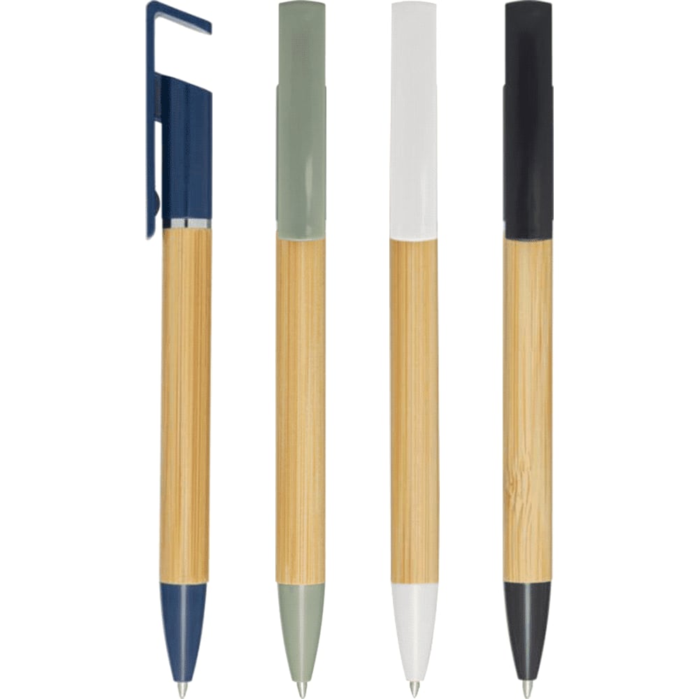 A set of four pens with bamboo barrels, featuring navy, olive, white, and black accents. Each pen has a clip. Delfina Phone Holder Pen - Image 1