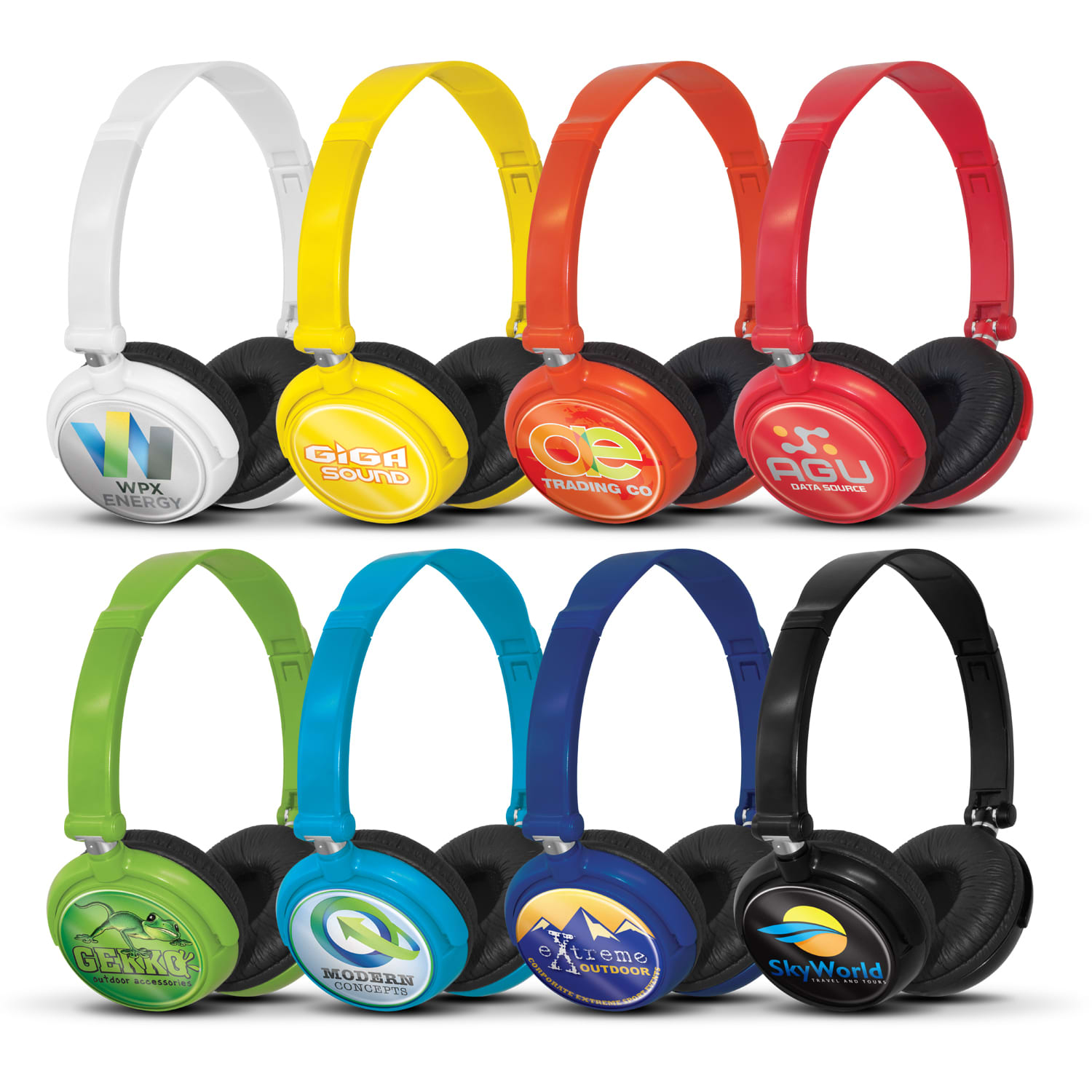 Eight pairs of headphones in various colours, including white, yellow, red, orange, green, blue, and black, each with a logo. Pulsar Headphones - Image 1