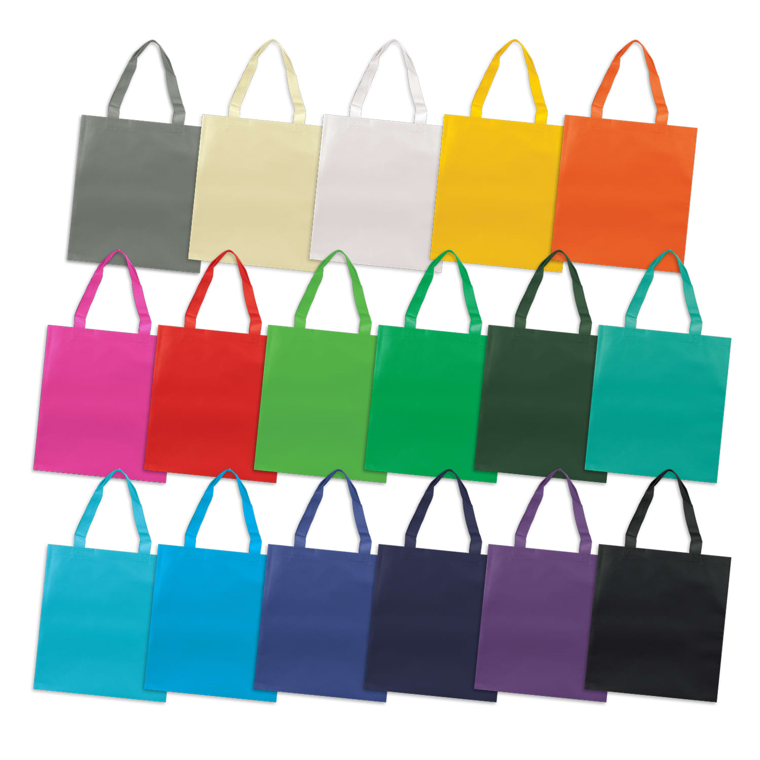 A variety of tote bags in multiple colours, featuring handles and a brand logo, arranged in a grid pattern. Viva Tote Bag - Image 1