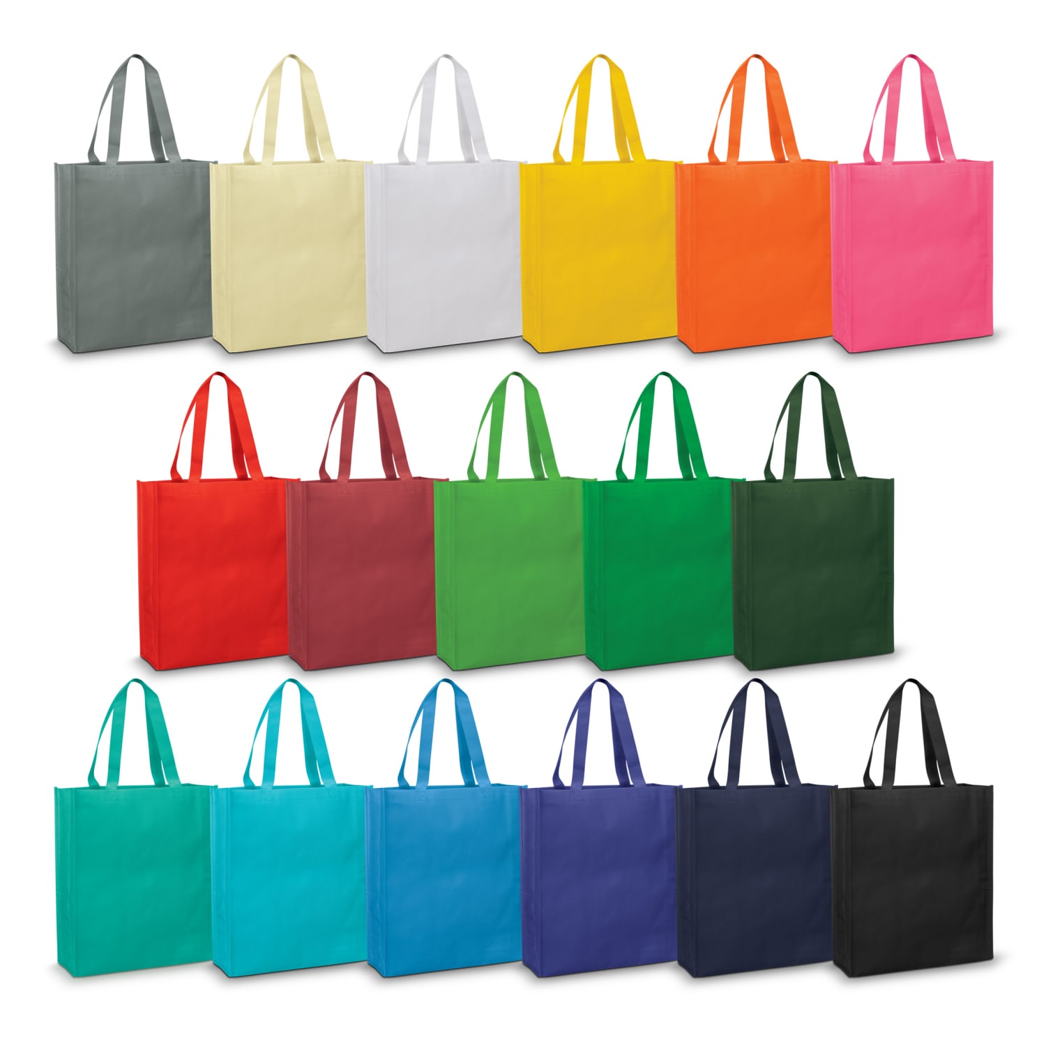 A collection of tote bags in various colours including grey, white, yellow, orange, pink, red, green, blue, and navy, featuring handles and branding. Avanti Tote Bag - Image 1