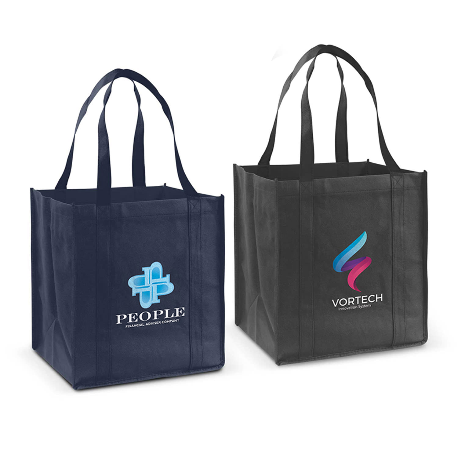 A navy blue tote bag with two handles and a grey tote bag with two handles, both featuring logos. Super Shopper Tote Bag - Image 1