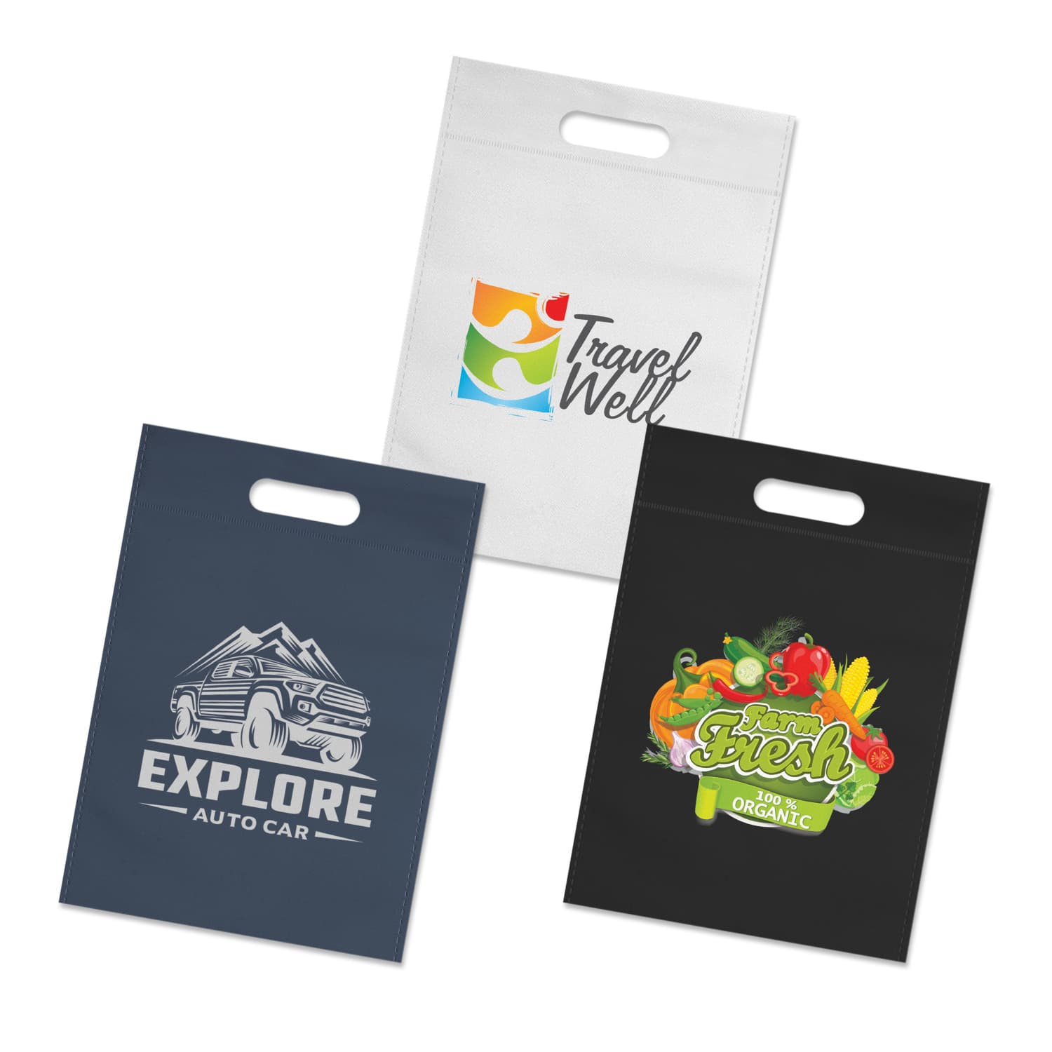 Three tote bags in various colours: a white bag with a logo, a dark blue bag with a car graphic, and a black bag featuring vegetables. Delta Tote Bag - Image 1
