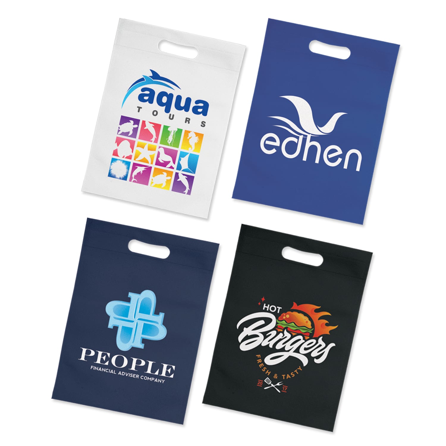 Four tote bags in various colours feature different logos and designs, including a blue, navy, and white bag. Gift Tote Bag - Image 1