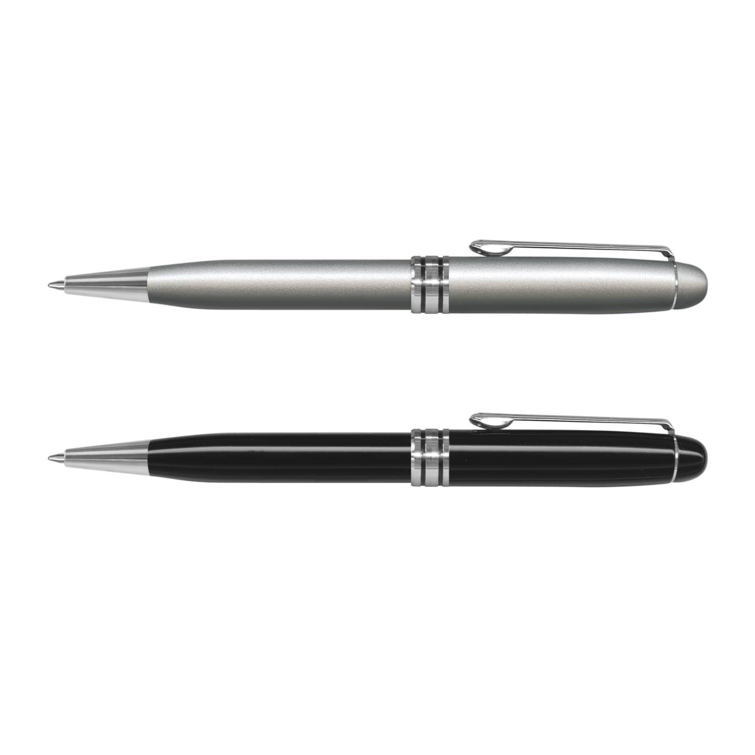 A collection of two metal pens, one in a silver finish and the other in a sleek black design, featuring chrome accents. Supreme Pen - Image 1