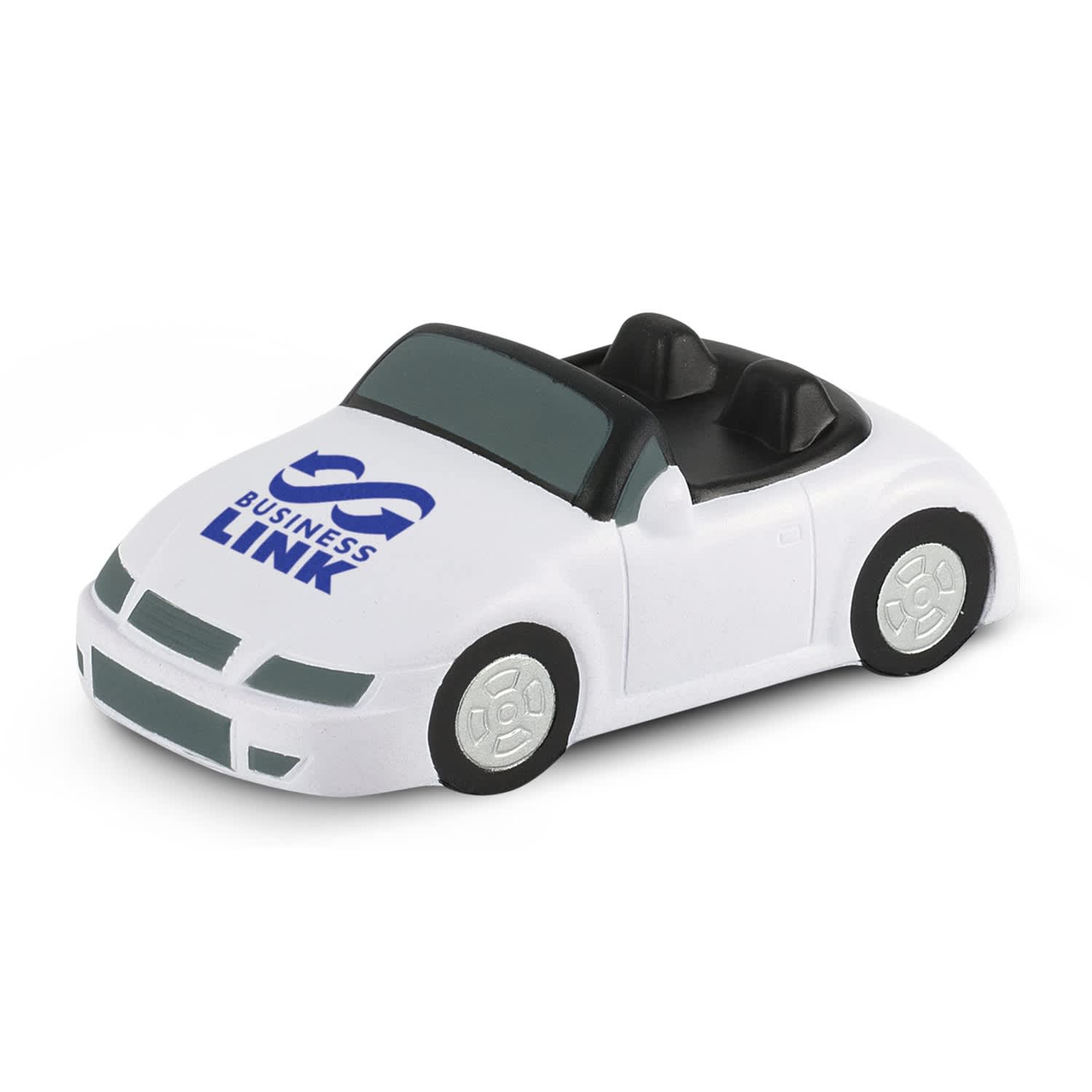A white stress car toy with a black interior and a logo on the side. Stress Car - Image 1