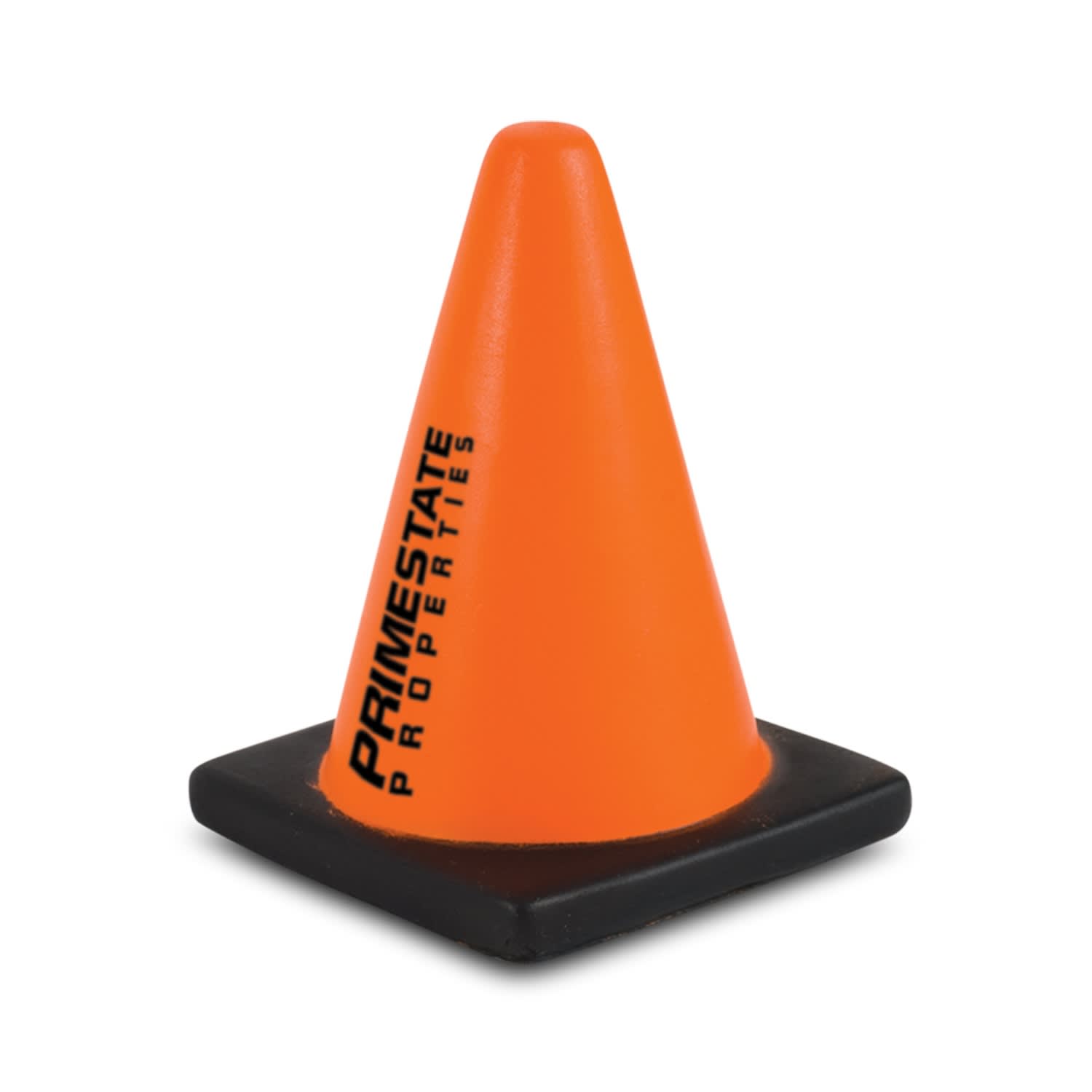 An orange stress road cone with a black base and a logo printed on the side. Stress Road Cone - Image 1