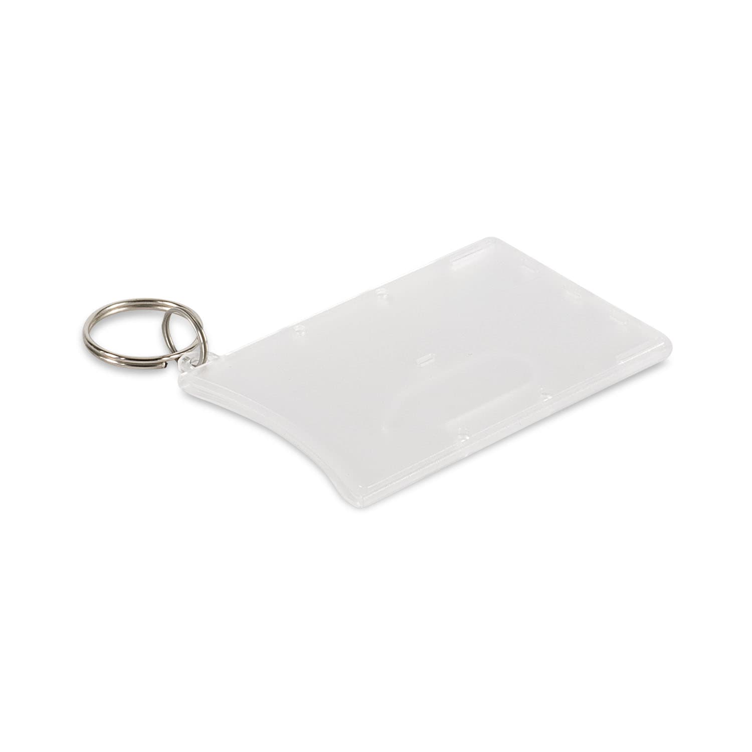 A clear plastic single card holder with a metal keyring attached. It has a smooth surface and rounded edges. Single Card Holder - Image 1