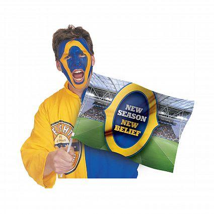A supporter dressed in team colors with a painted face holds a flag featuring the text "NEW SEASON NEW BELIEF." Supporters Flag - Image 1