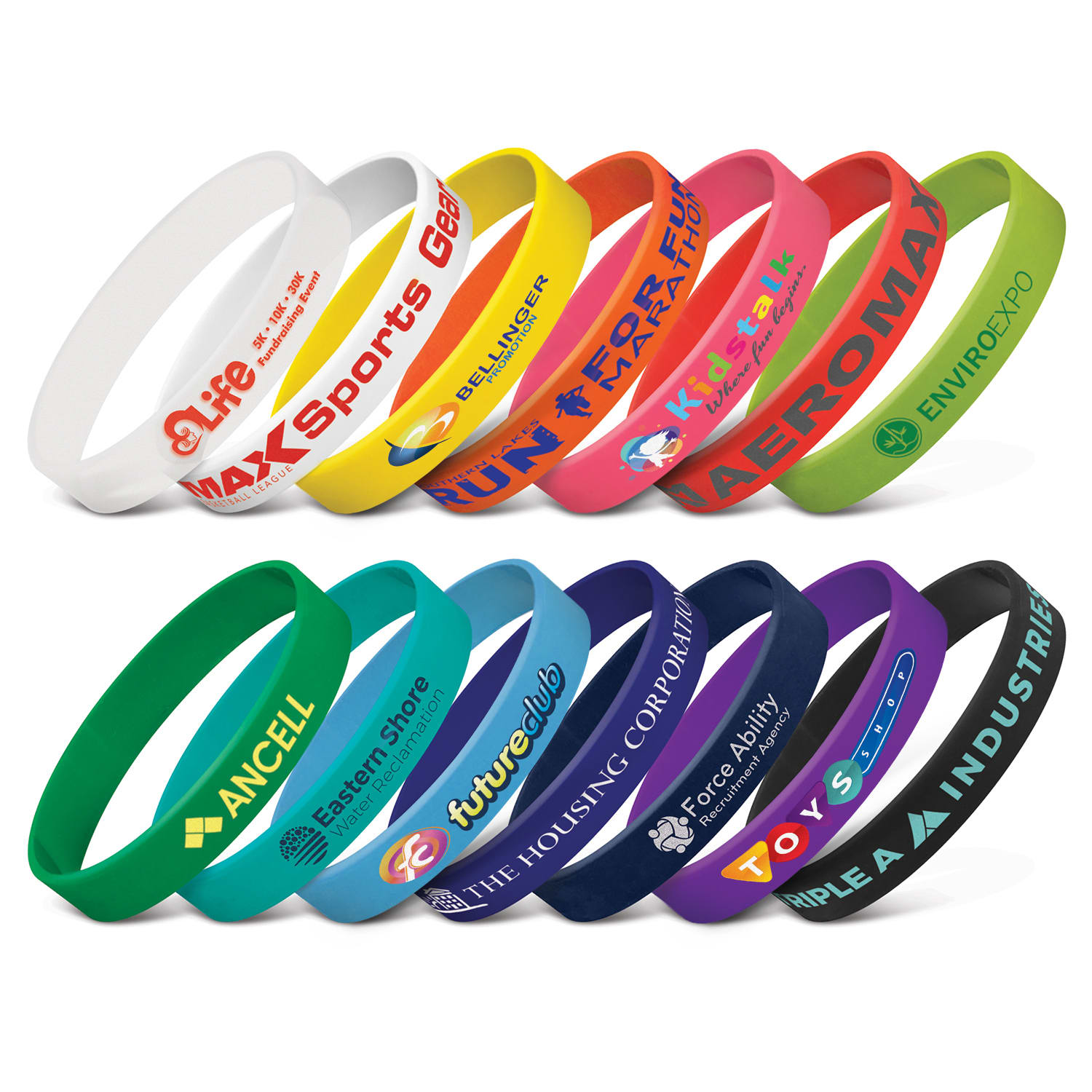 A collection of silicone wristbands in various colours, each featuring distinct logos or branding. Silicone Wrist Band - Image 1