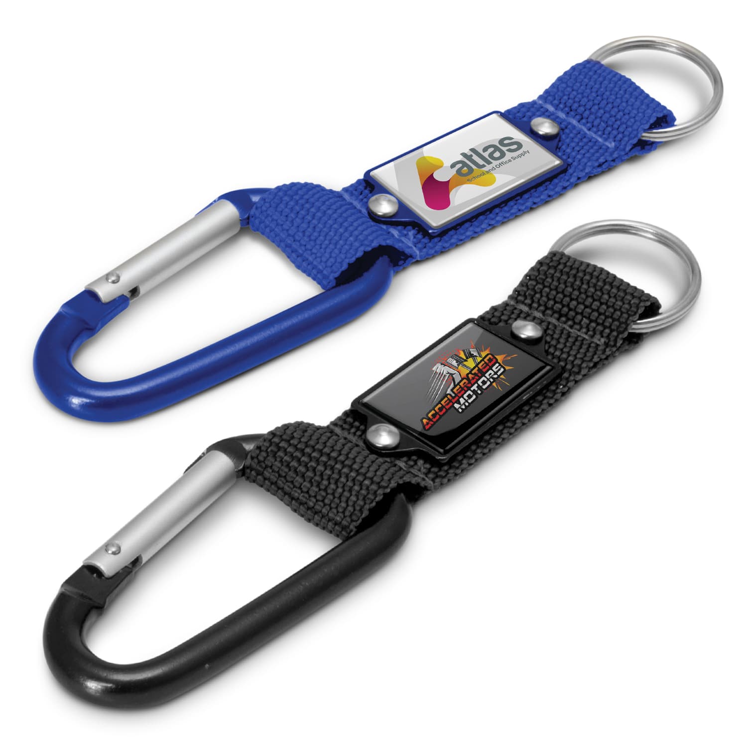 Two carabiner key rings in blue and black, featuring attachment loops and logos on fabric bands. Carabiner Key Ring - Image 1