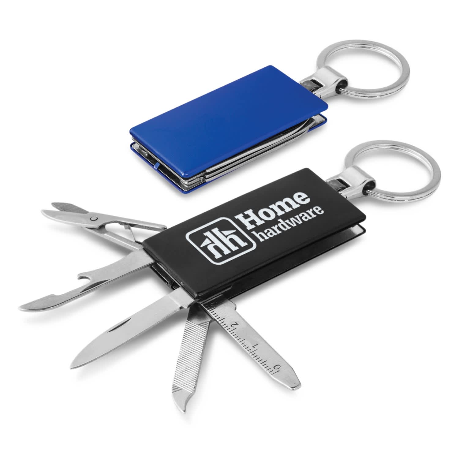 A blue and black multi-function metal key ring with various tools and a logo. Multi-Function Metal Key Ring - Image 1