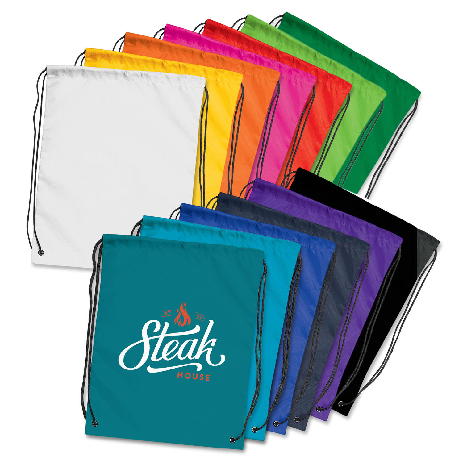 A selection of drawstring backpacks in various colours, featuring one with a logo on a teal background. Drawstring Backpack - Image 1