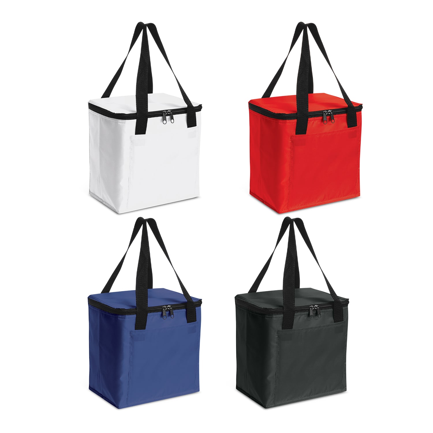 A cooler bag in four colours: white, red, blue, and black, featuring dual handles and a zip closure. Siberia Cooler Bag - Image 1