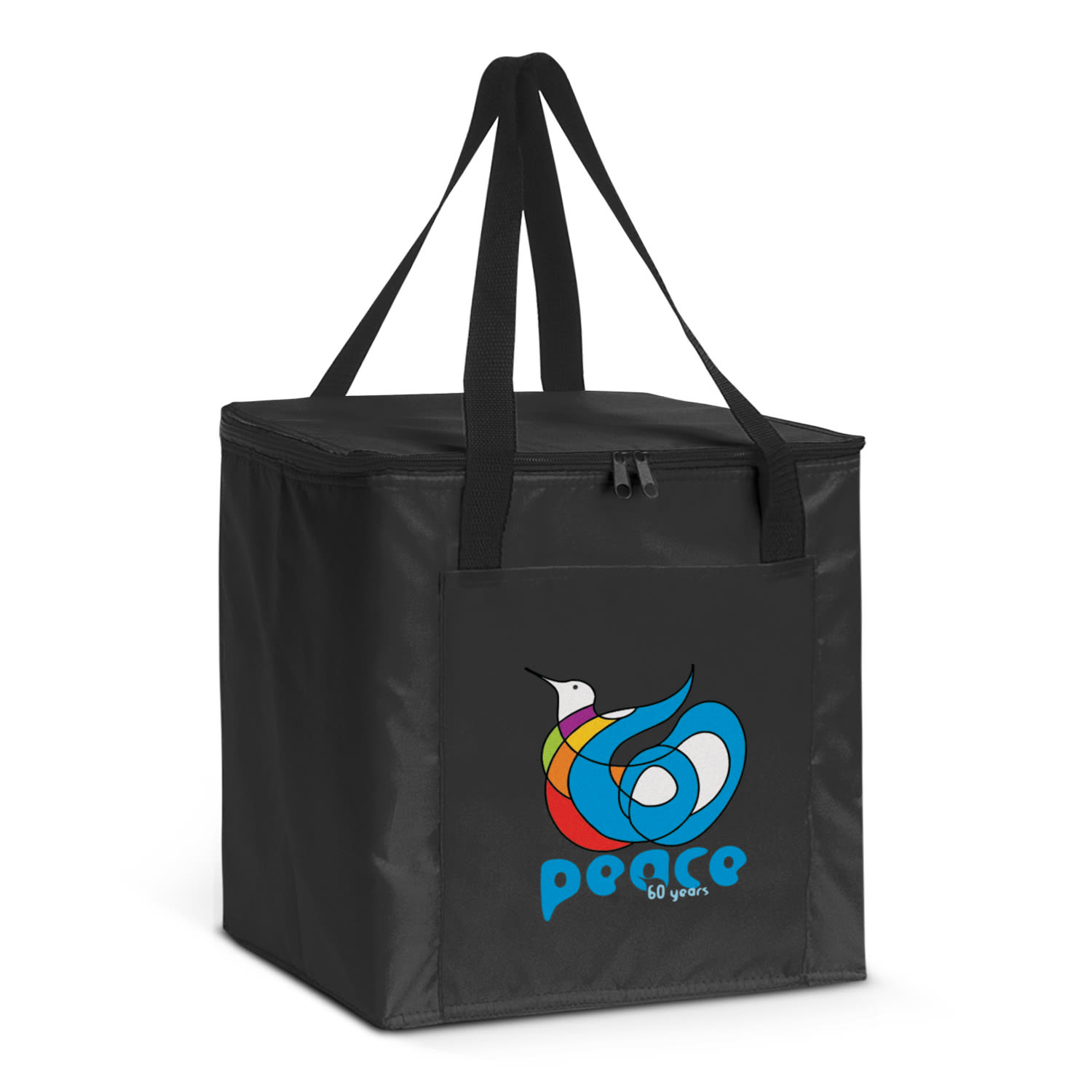 A black cooler bag with a colourful logo featuring a bird and the word "peace". It has two sturdy handles. Arctic Cooler Bag - Image 1
